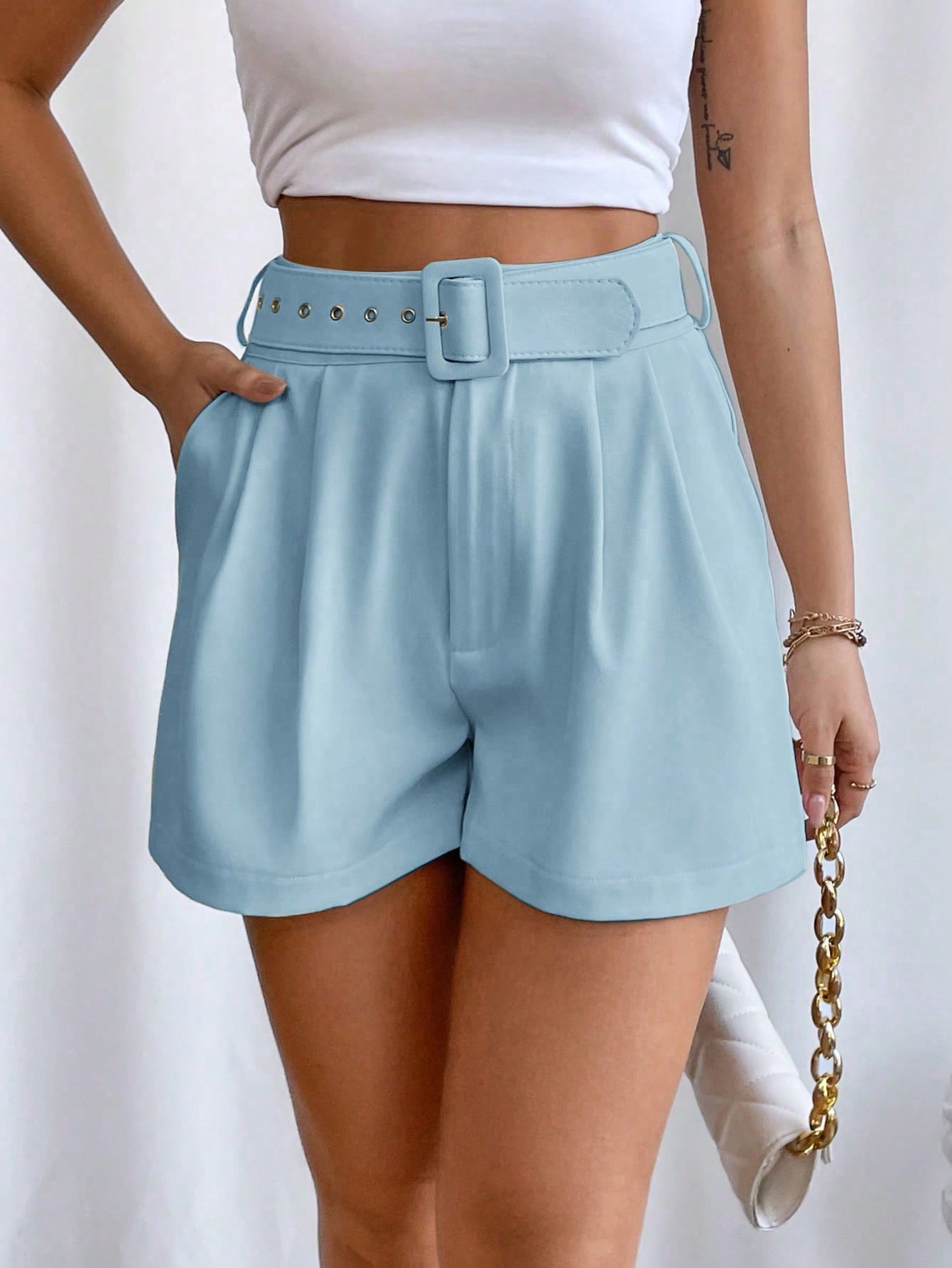 High-Waisted Shorts With Diagonal Pockets For Valentine'S Day, Dating , Parties And Summer Holiday