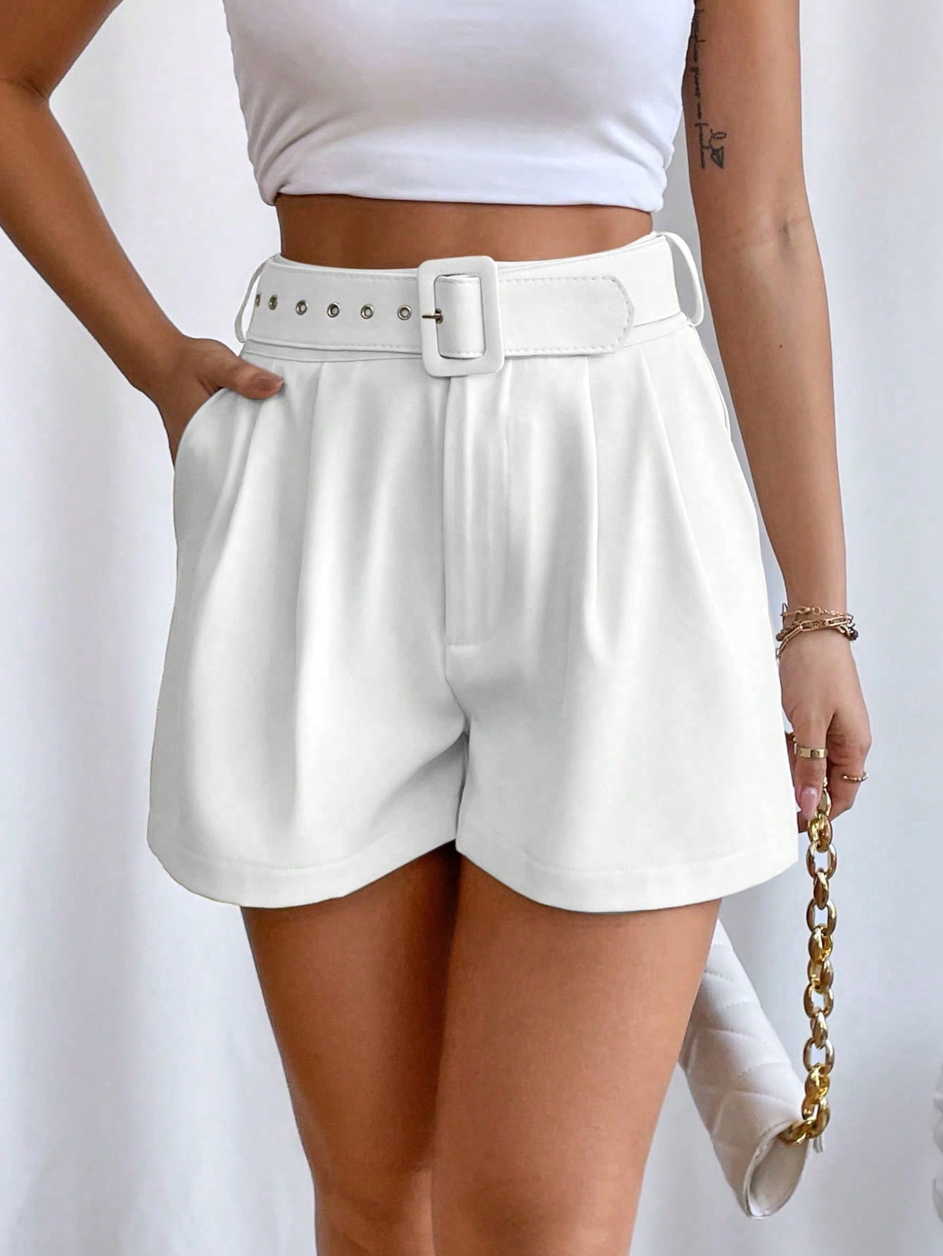 High-Waisted Shorts With Diagonal Pockets For Valentine'S Day, Dating , Parties And Summer Holiday