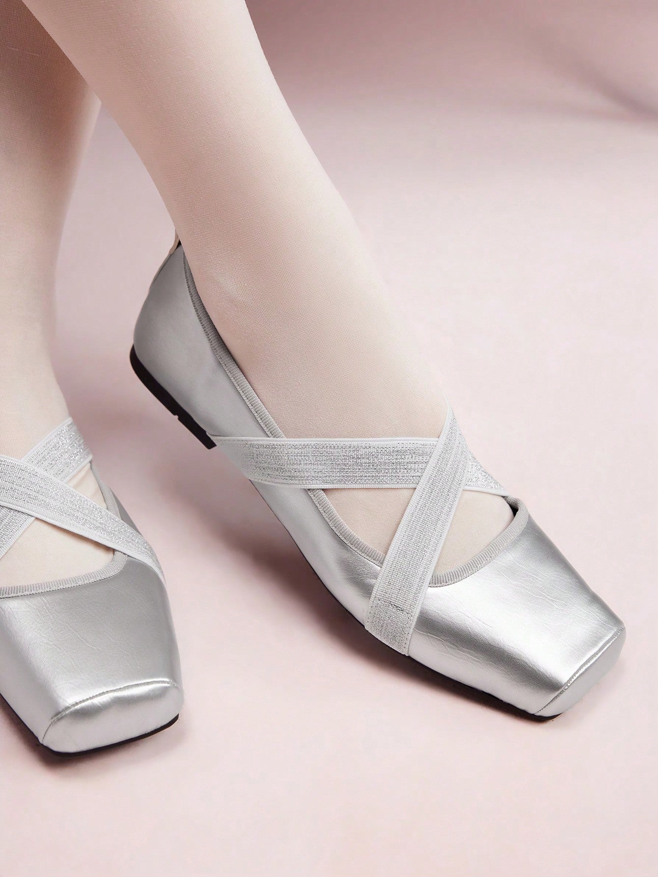 Silver Mary Jane Cross Elastic Band Women's Flat Shoes Vacation Shoes Summer Sale