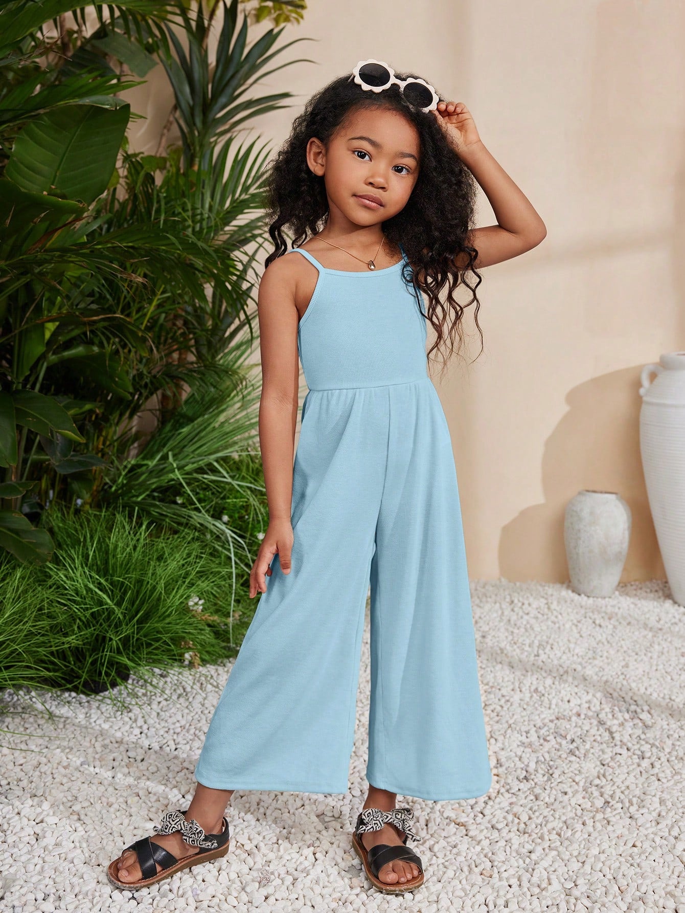 Young Girl Spring/Summer Knit Solid Color Spaghetti Strap Jumpsuit For Holiday & Leisure