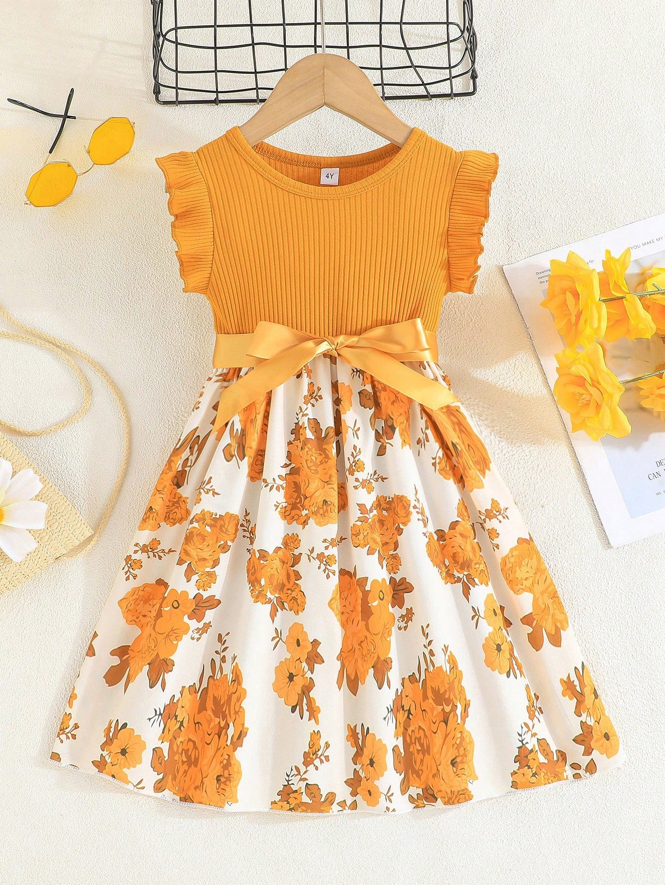 Young Girl Summer New Arrival Fashionable Dress With Ruffle Cuffs And Pocket Design, Featuring Floral Print And Striped Patchwork Details