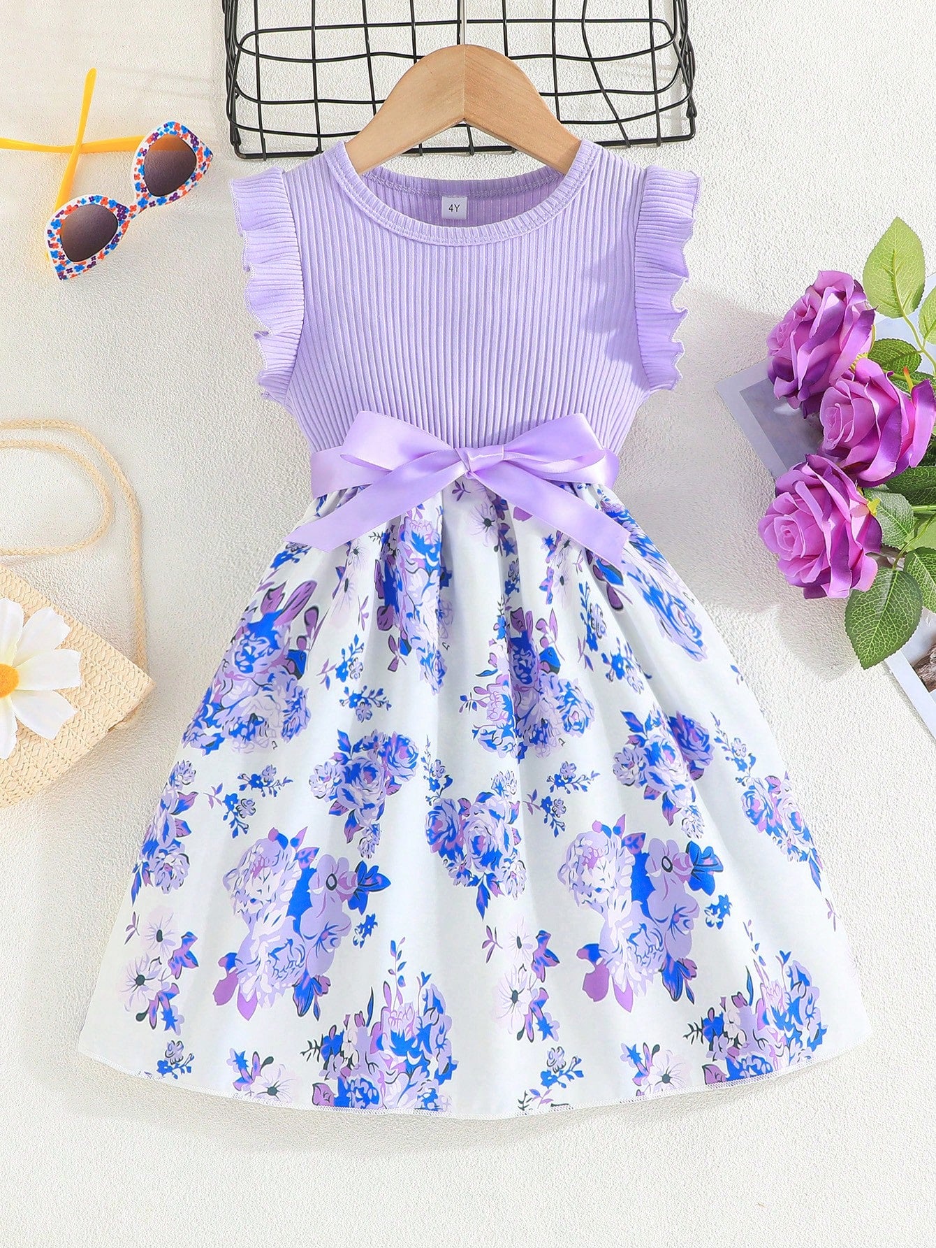 Young Girl Summer New Arrival Fashionable Dress With Ruffle Cuffs And Pocket Design, Featuring Floral Print And Striped Patchwork Details