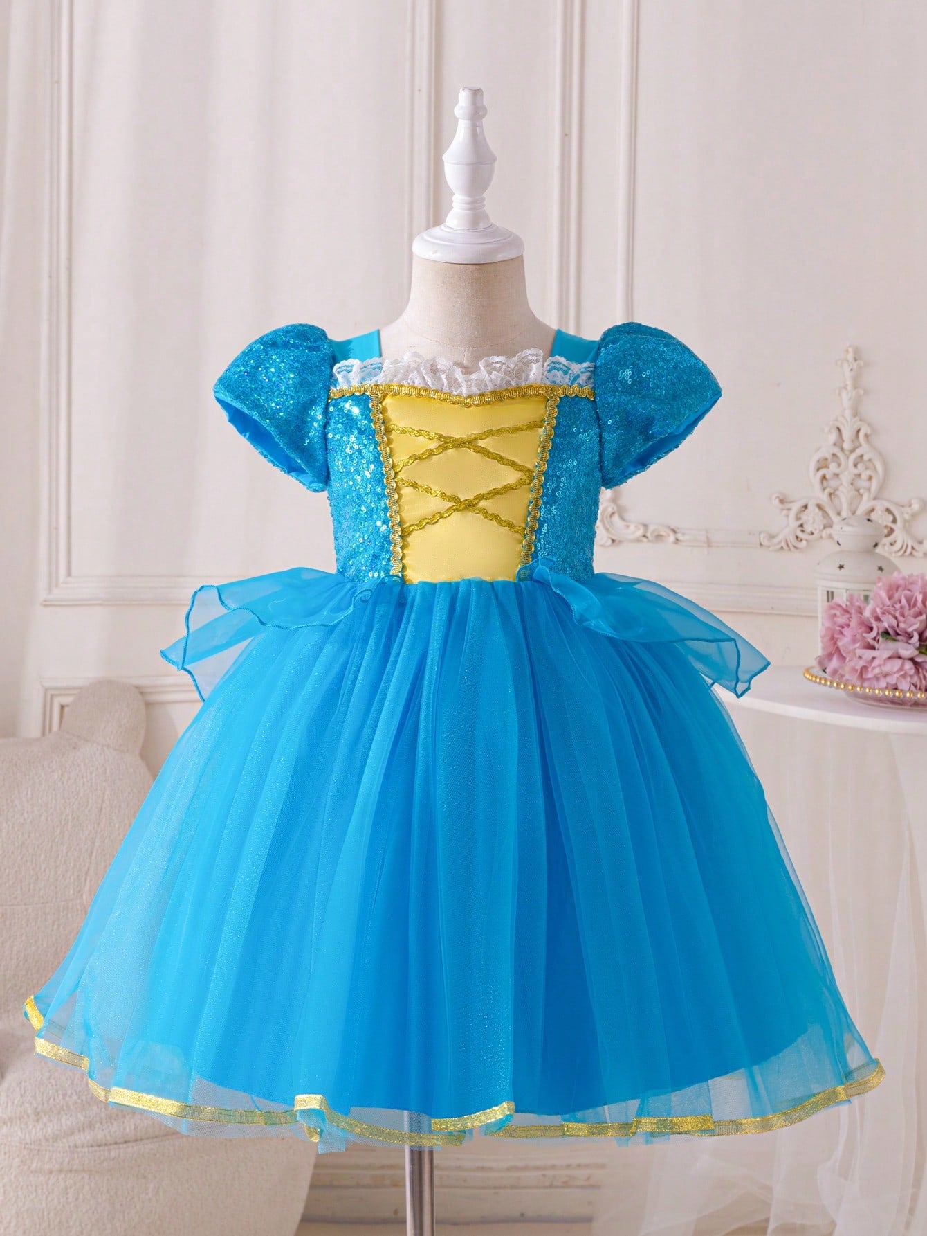 Young Girl Sparkly Patchwork Tulle Party Dress With Puffy Skirt, Suitable For Formal Occasion