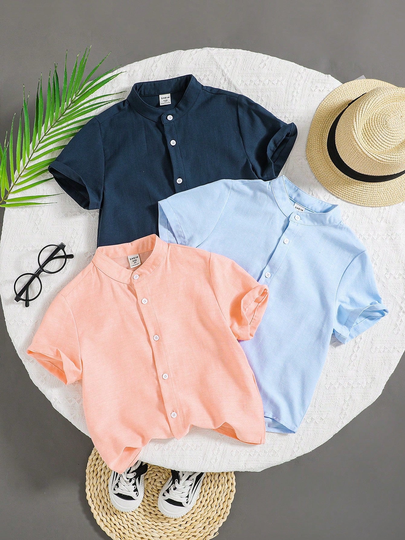 3pcs/Set Young Boy Casual College Style Solid Color Stand Collar Cotton Linen Short Sleeve Shirt, Spring/Summer