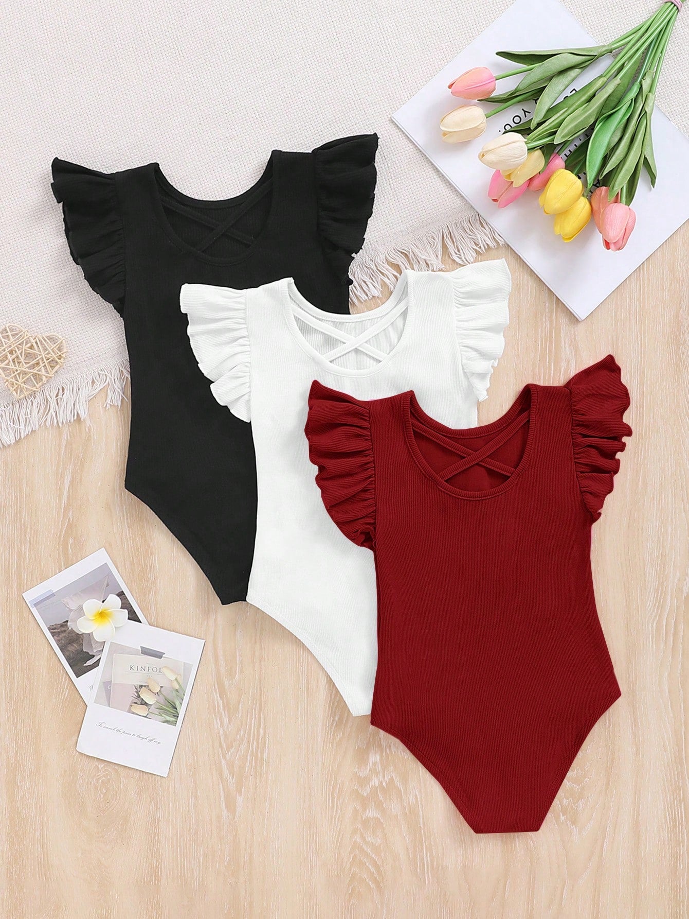 Young Girl 3pcs/Set Fashionable Crisscross Knitted Solid Ruffle Armhole Bodysuit