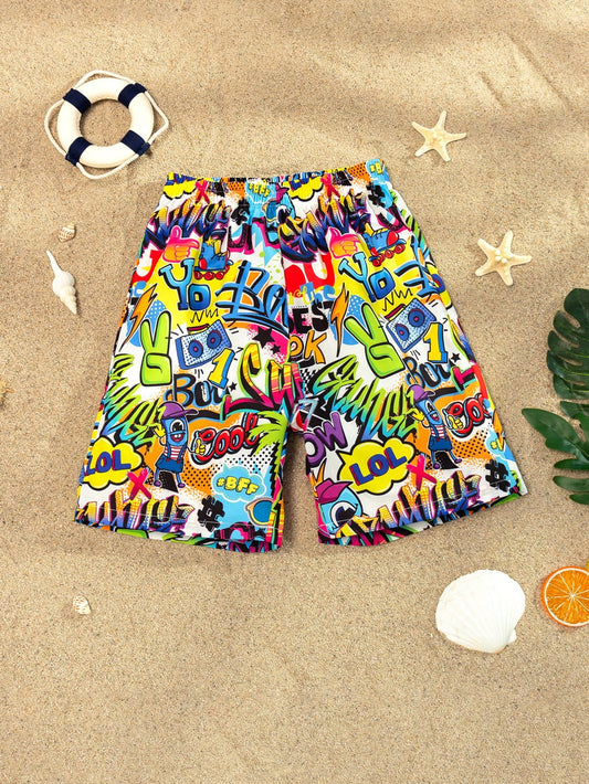 Teen Boy Graffiti Print Swim Trunks For Beach Vacation