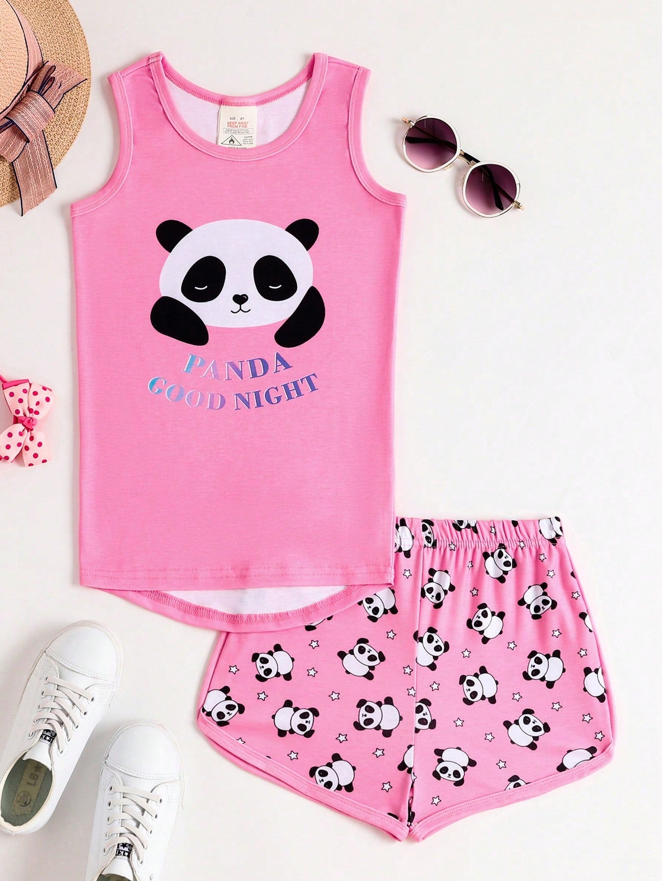 Tween Girl 2pcs Snug Fit Cute Panda Print Top & Shorts Casual Comfy Homewear Set