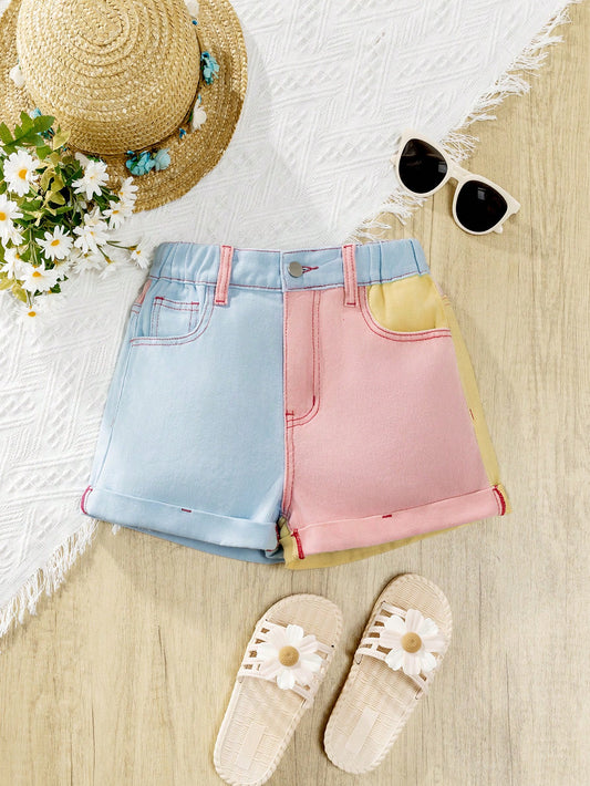 Tween Girl Fashionable Casual Color Block Denim Shorts