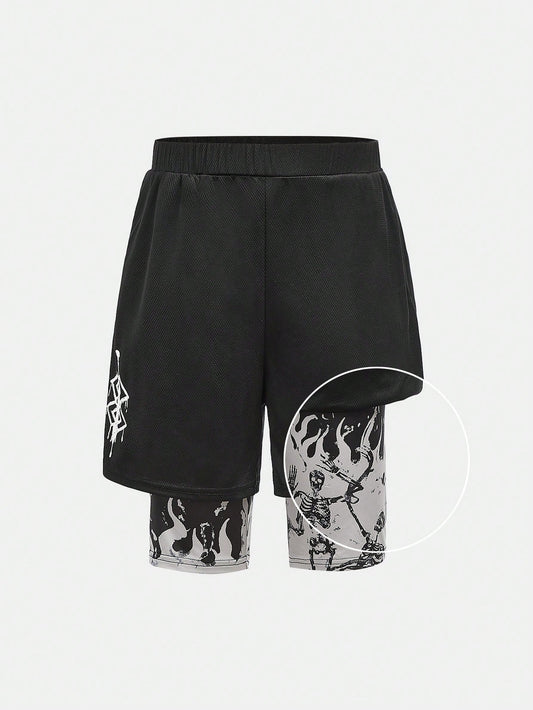 Tween Boy Casual Street Style Printed Mesh Loose Shorts With Knit Shorts Lining