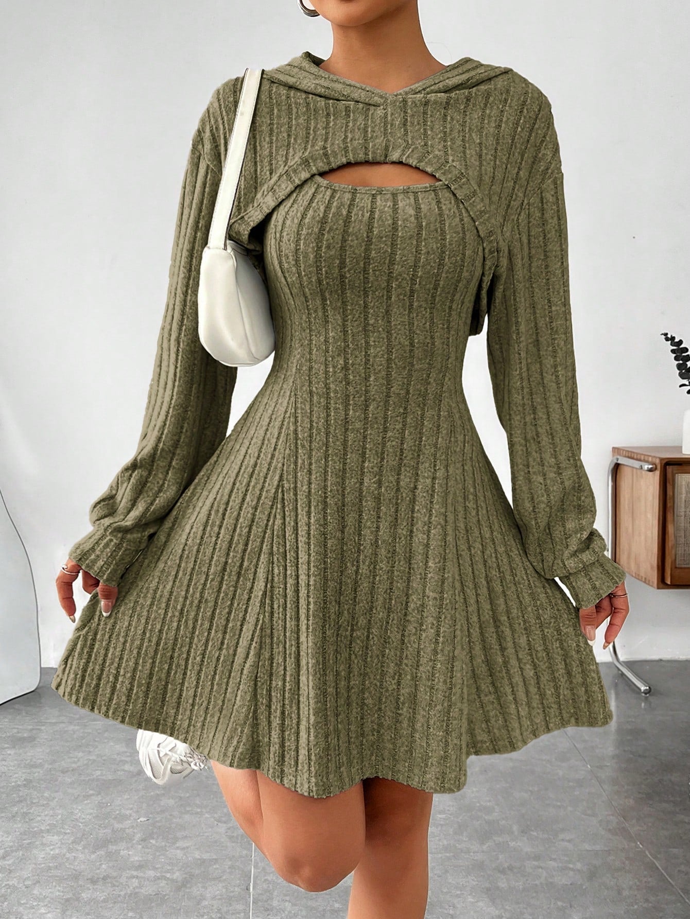 Women Spring/Summer Solid Color Drop Shoulder Long Sleeve Super Crop Top And Dress Casual 2 Pieces Set