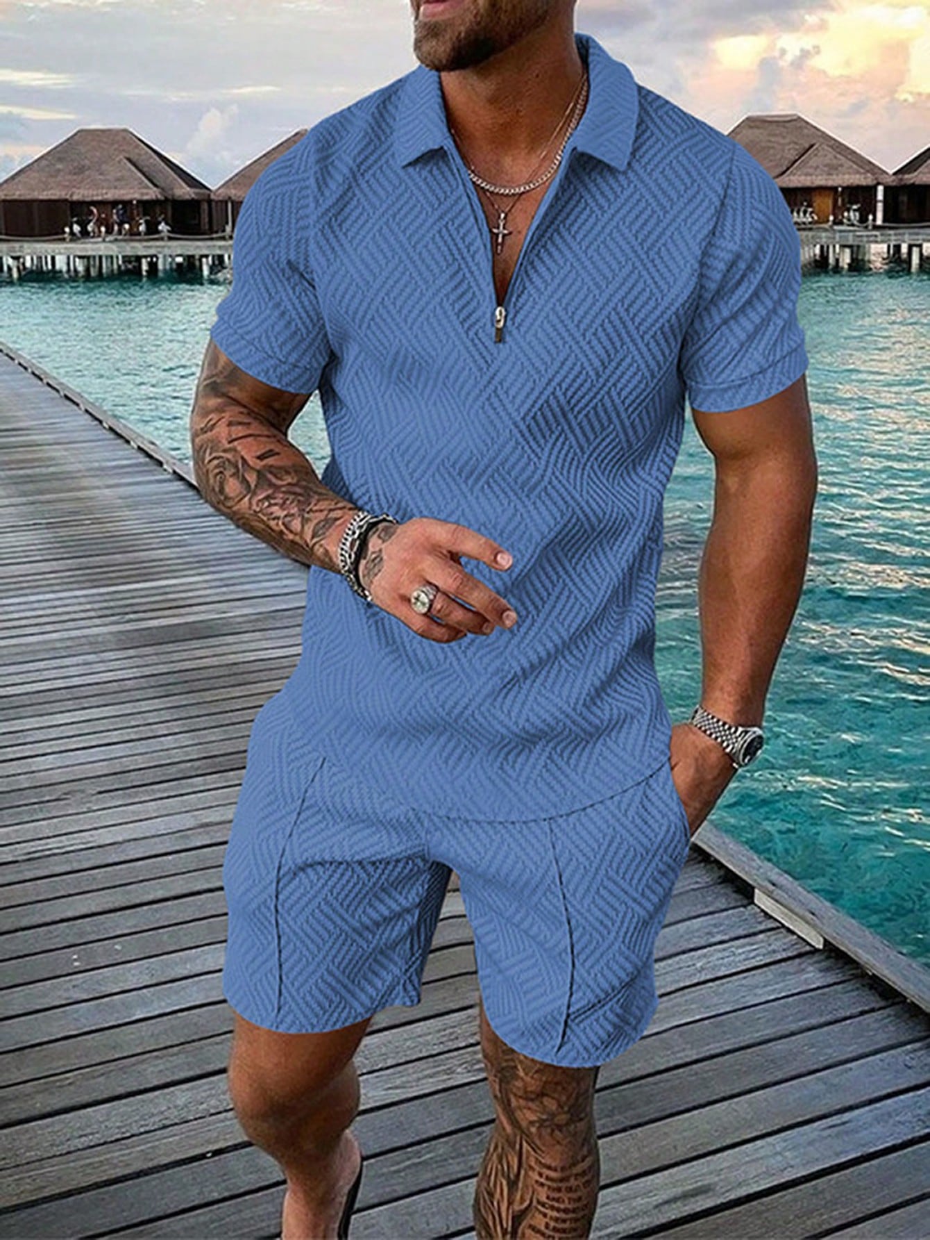 Men's Allover Print Short Sleeve Polo Shirt And Shorts Set, Vacation Casual