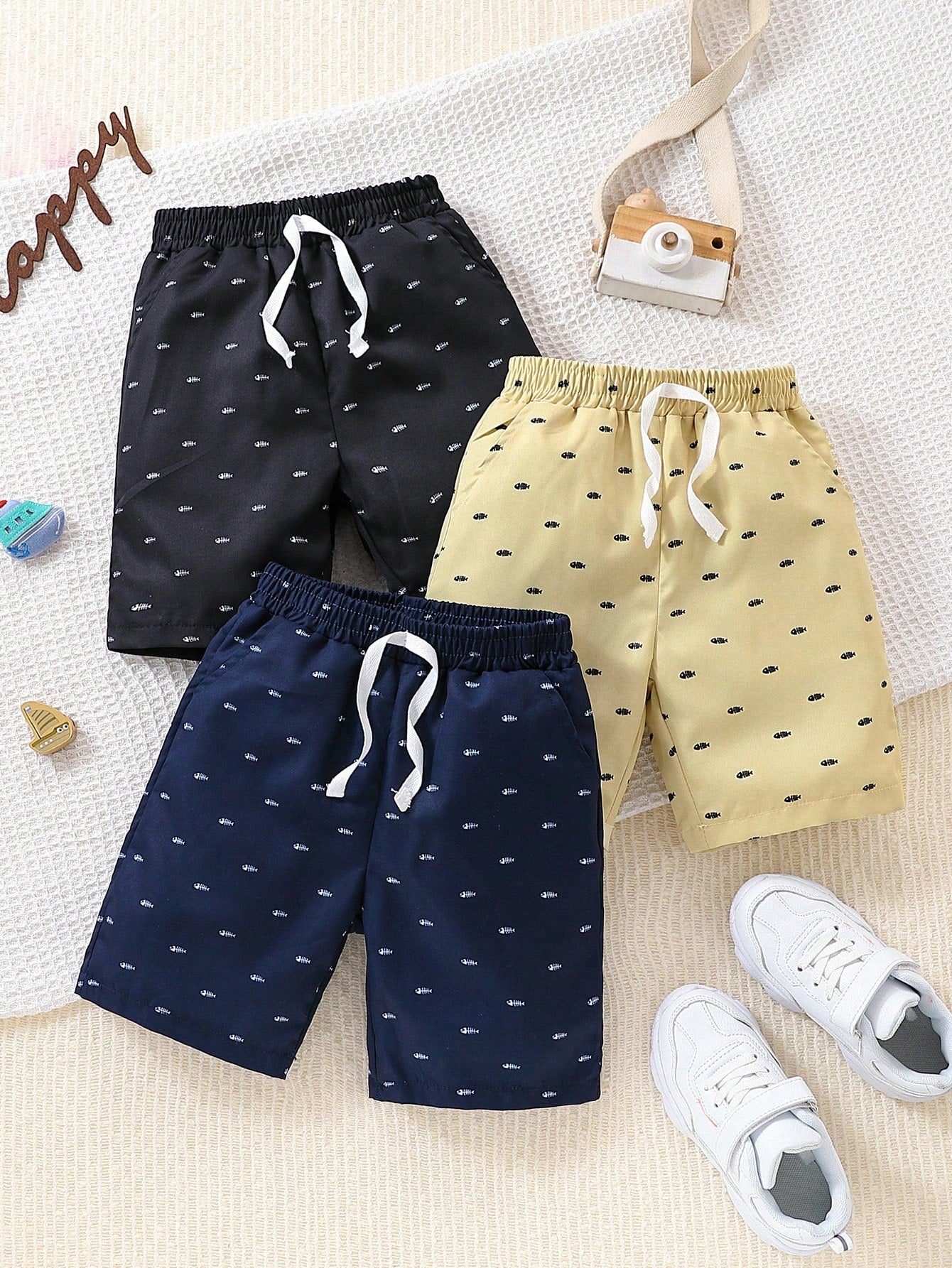 3pcs Young Boys' Casual Herringbone Print Shorts Set, Suitable For Outdoor Activities, School, Daily Wear, Leisure, Holiday And Parties In Summer