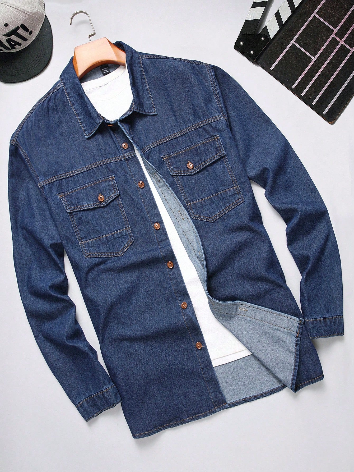 Men Plus Size Casual Long Sleeve Denim Shirt Washed Button Up Plain Blue Denim Shirt