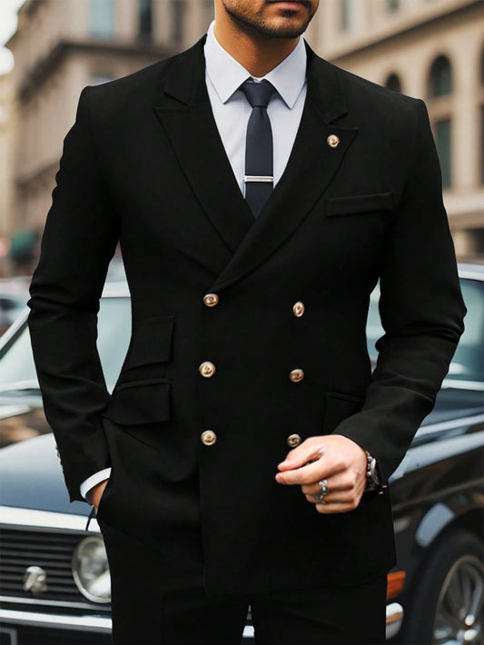 Men Solid Color Double-Breasted Long Sleeve Suit Jacket