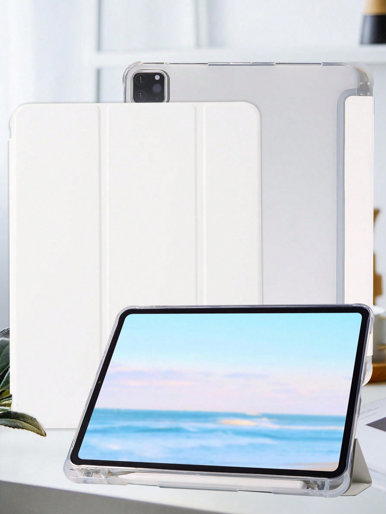 1pc Tri-Fold Classic White IPad Case With Pen Holder, TPU Soft Shell, Minimalist/Casual Design, Suitable For IPad Mini4/5/Mini6/9.7/10.2/10.5/10.9/10th Gen/11-In.(M2)-2024/Air 11-In.(M2)-2024/Air 13-In.(M2)-2024/Pro13-In.(M4)-2024/Pro 11-In.(M4)-2024