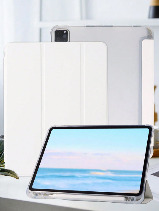 1pc Tri-Fold Classic White IPad Case With Pen Holder, TPU Soft Shell, Minimalist/Casual Design, Suitable For IPad Mini4/5/Mini6/9.7/10.2/10.5/10.9/10th Gen/11-In.(M2)-2024/Air 11-In.(M2)-2024/Air 13-In.(M2)-2024/Pro13-In.(M4)-2024/Pro 11-In.(M4)-2024