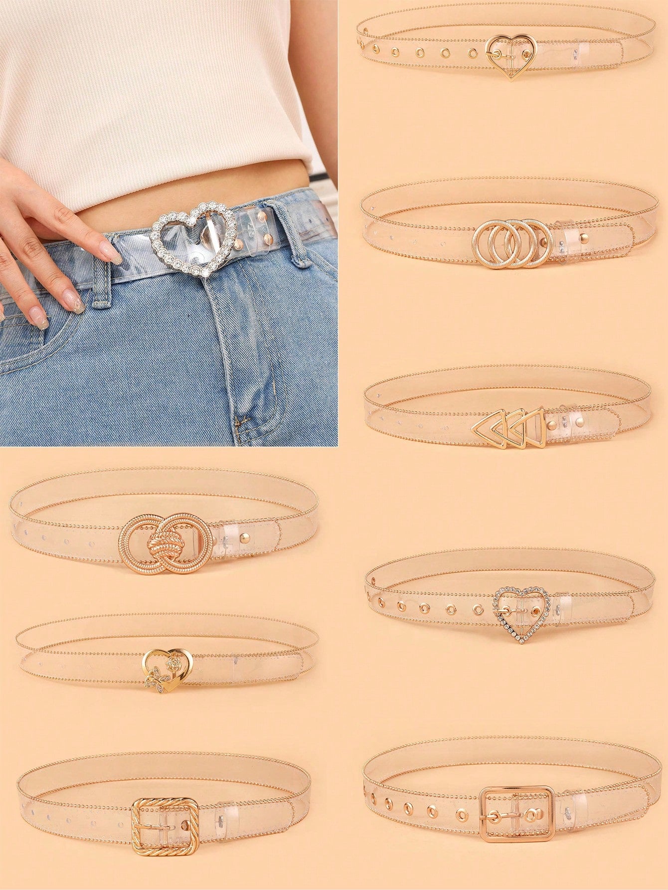 1pc Children Transparent Belt With Various Shaped Metal Buckles & PVC Rhinestone, Used For Jeans & Dresses Decoration