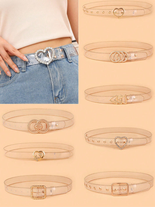 1pc Children Transparent Belt With Various Shaped Metal Buckles & PVC Rhinestone, Used For Jeans & Dresses Decoration