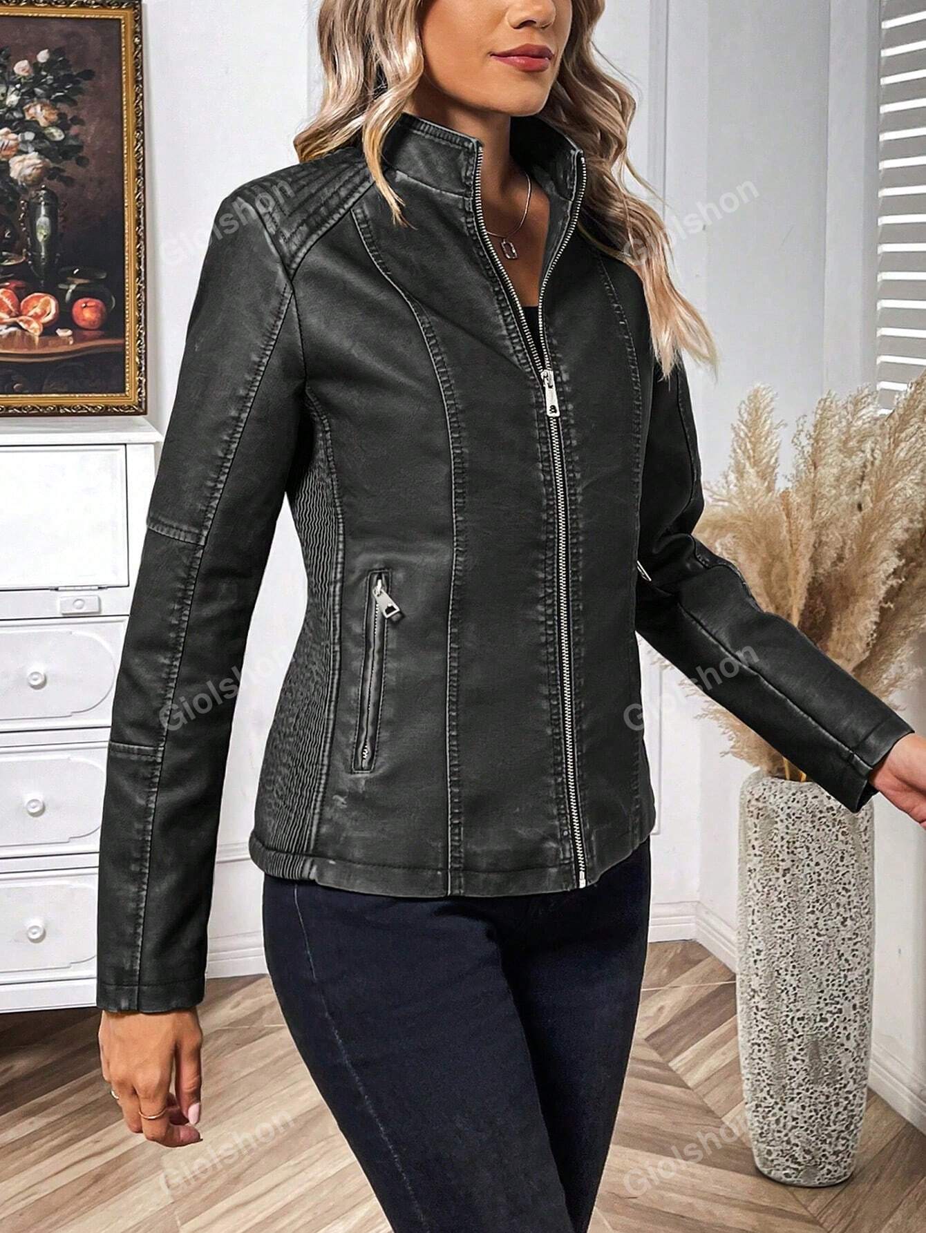 Women's Regular PU Material Jacket, Faux Leather Jacket, Casual Short PU Jacket, Travel Motorcycle Jacket