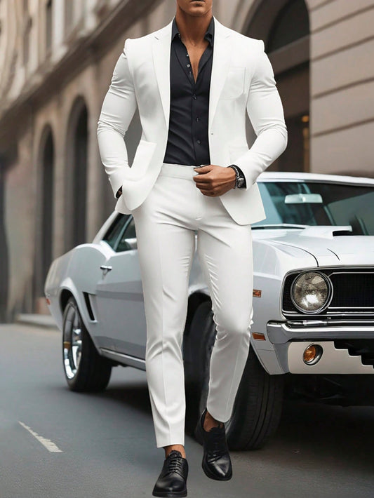 Men Solid Color Suit Jacket And Pants Set Suit