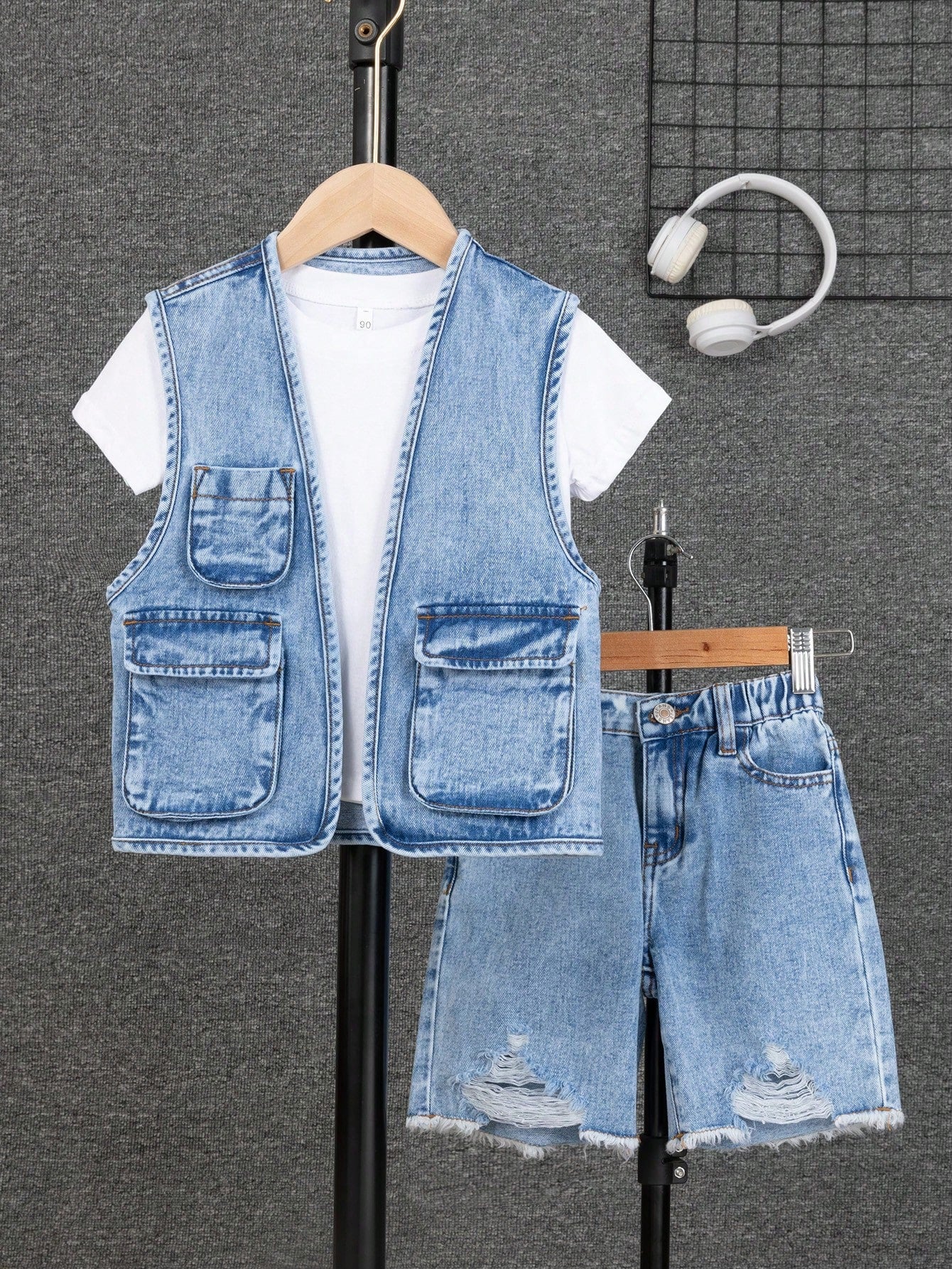 Tween Boy 3D Flap Pocket Denim Vest Jacket And Denim Shorts, Summer Fashion Outfits