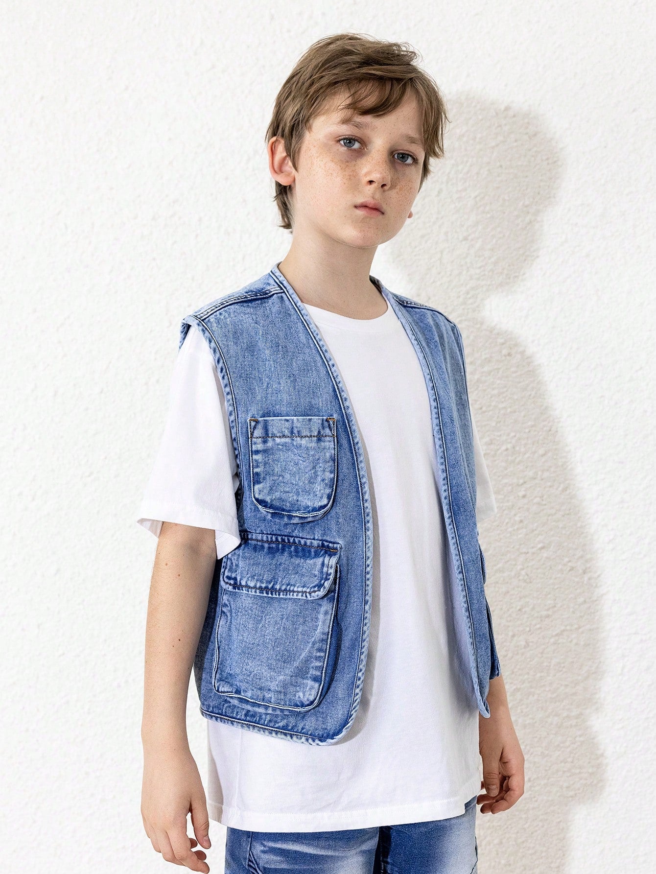 Tween Boy 3D Flap Pocket Denim Vest Jacket And Denim Shorts, Summer Fashion Outfits