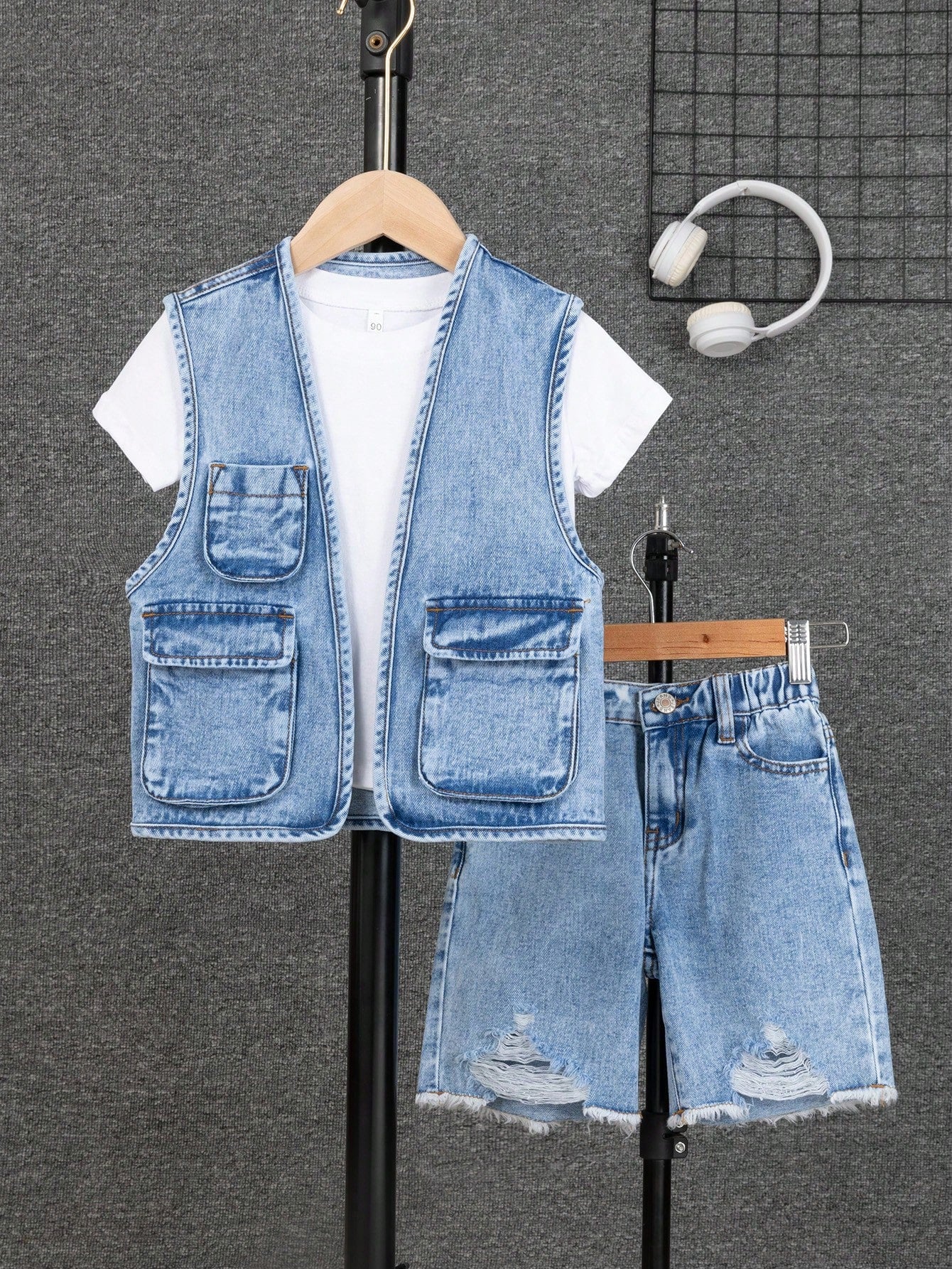 Young Boy Summer Casual Denim Outfit: Workwear Vest With Multiple Pockets And Ripped Shorts