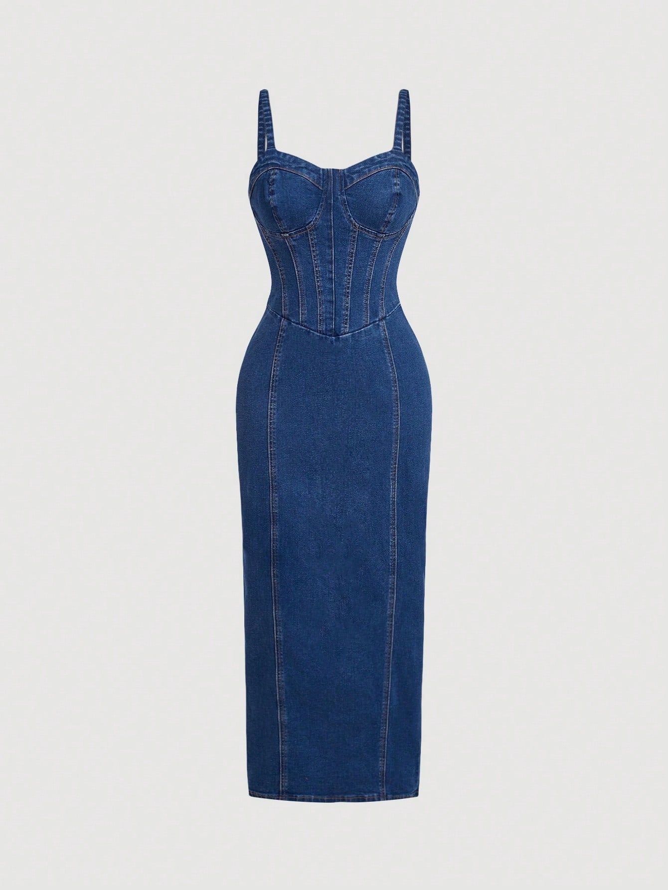 Ladies' Solid Color Back Zipper Denim Jumpsuit With Spaghetti Straps