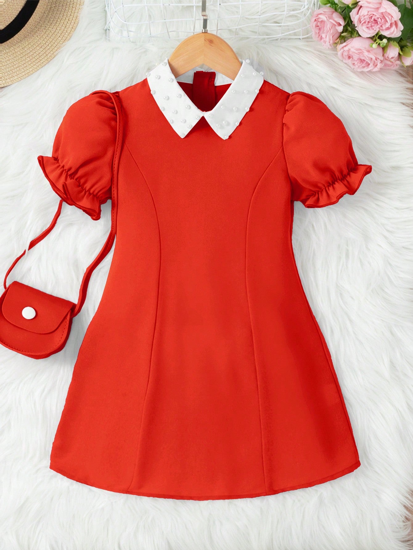 Young Girls' White Pearl Puff Sleeve Dress