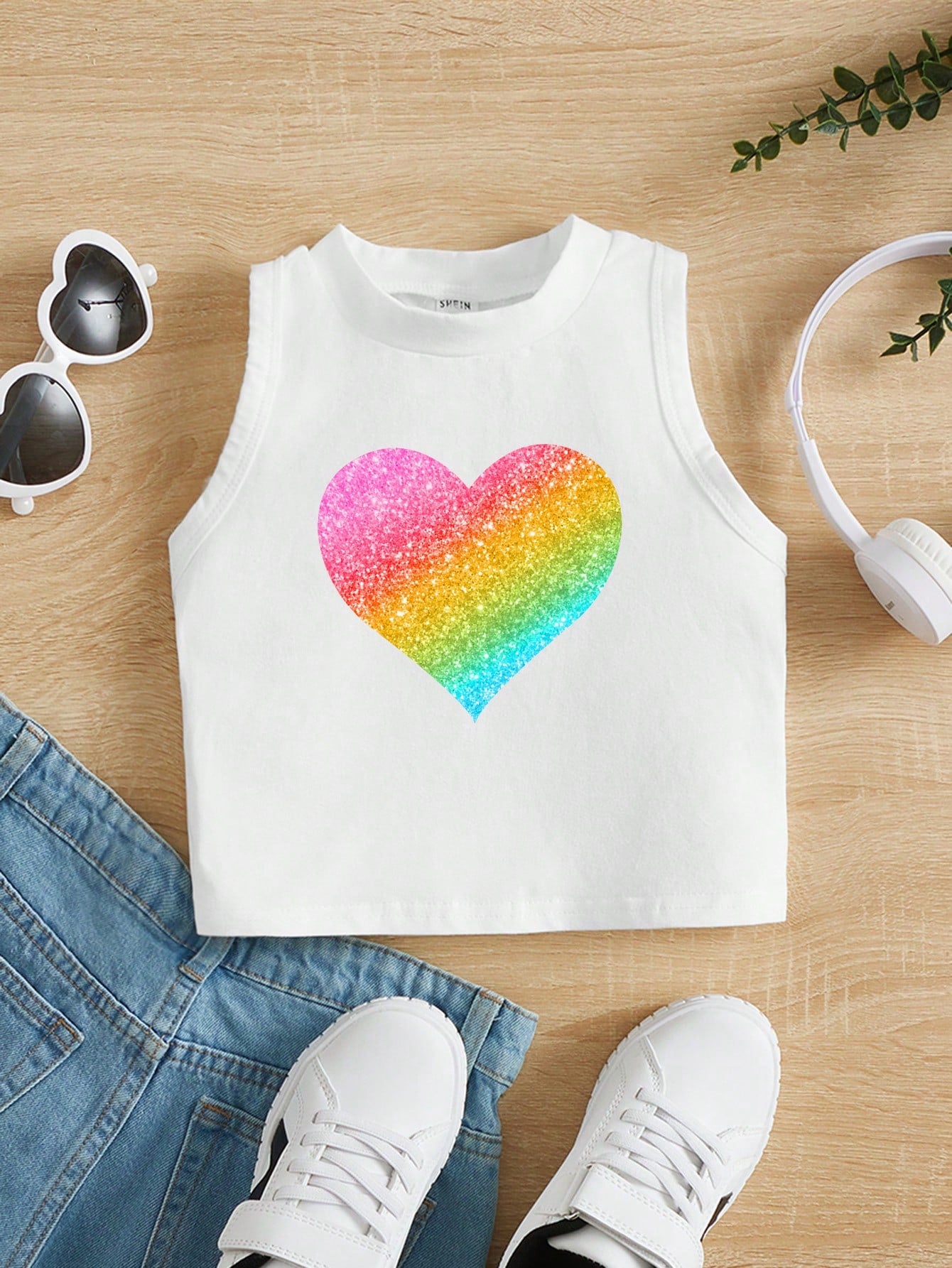 Young Girls' Casual Sleeveless Round Neck Tank Top With Minimal Heart Print, Suitable For Summer