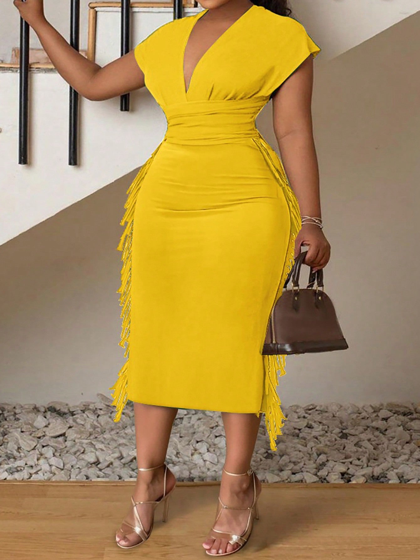 Plus Size Party&Elegant Plain Slim Fit Deep V-Neck Fringed Short Sleeve Mid-Length Yellow Dress For Women, Style E