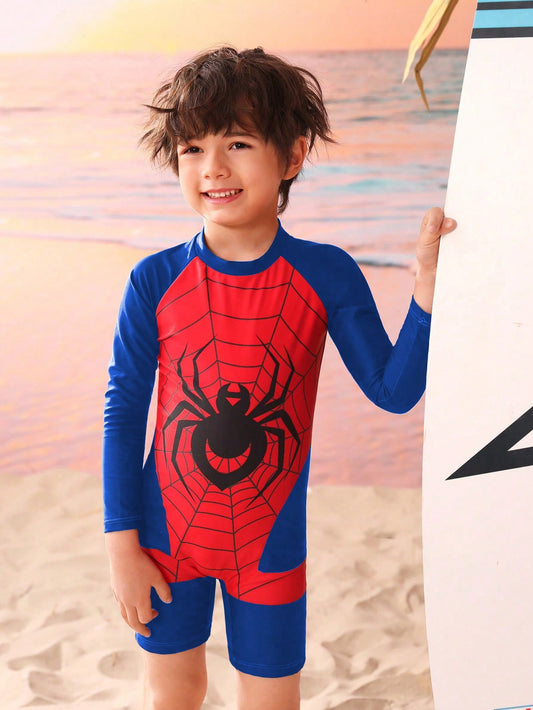 Young Boys' Spider And Spider Web Pattern Long Sleeve Rash Guard Swimsuit With Matching Swimming Cap