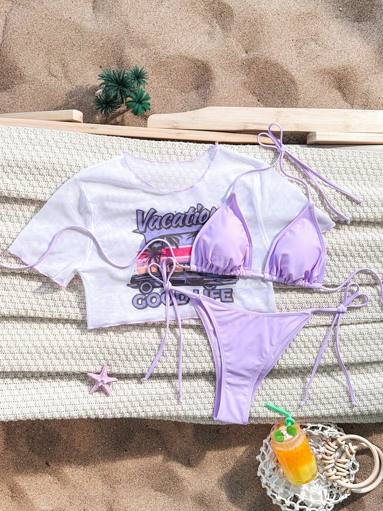 Swim Halter Triangle Cup Summer Beach Bikini Set With Separated Swimwear And Letter Print Short Sleeve Cover-Up With Geometric Print