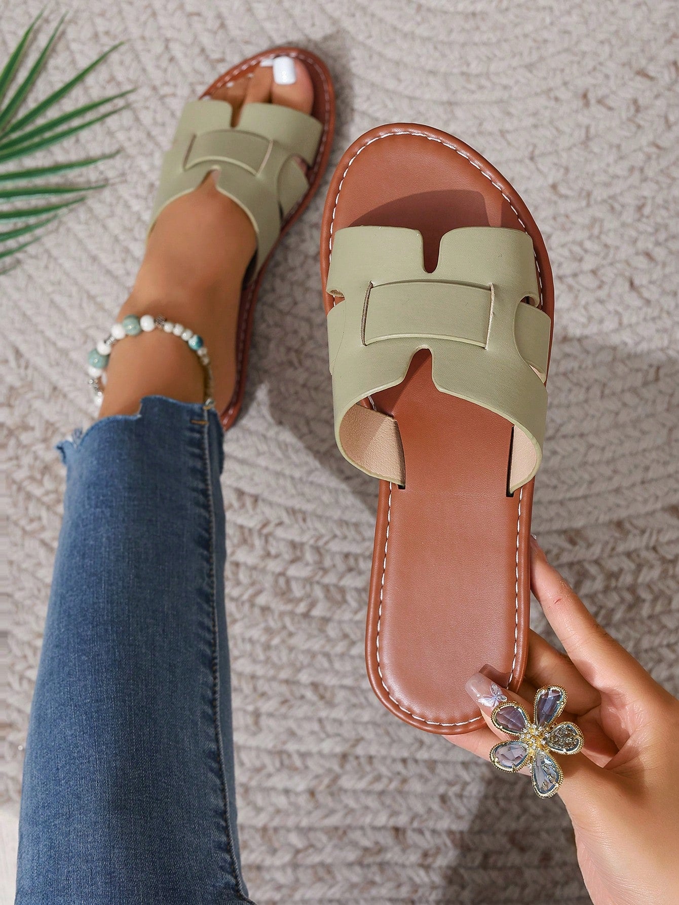 Korean Style Casual Flat Sandals For Women, Open Toe, Spring/Summer/Autumn, New Woven Roman Beach Resort Shoes, Fashionable Flat French Shoe With Skirt, Suitable For Beach, Apartment, White/Beige/Black/Orange/Purple/Grey/Gold/Silver/Blue/Green/Pink/Brown/