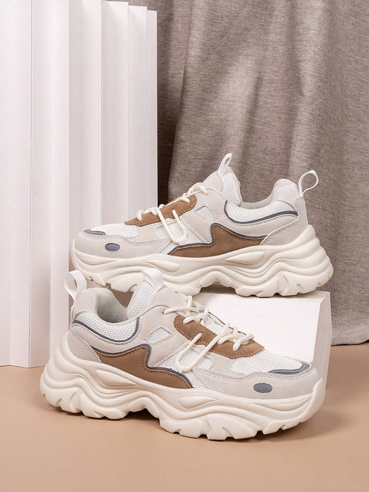 Teen Girls' Spring And Autumn Solid Color Chunky Sneakers With Lace-Up Closure, Soft And Comfortable Shoes Ideal For Daily Wear, Thick Soled And Height Increasing, Perfect For School Going Students, Sports, Leisure And Vacation, A Versatile And Stylish Sh