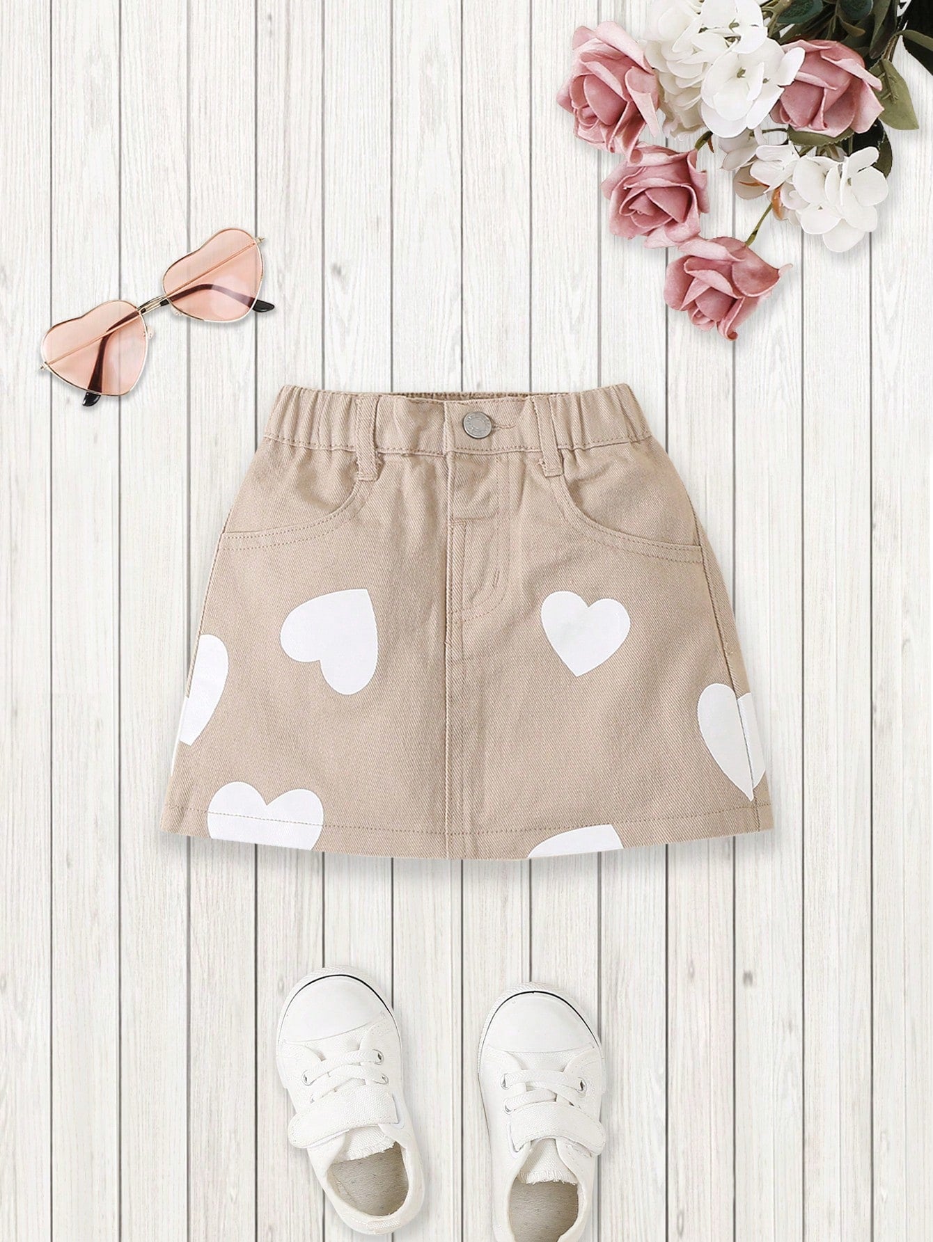 Young Girl Y2k Style Sweet And Cool Heart-Shaped Printing Elastic Waist Denim Skirt