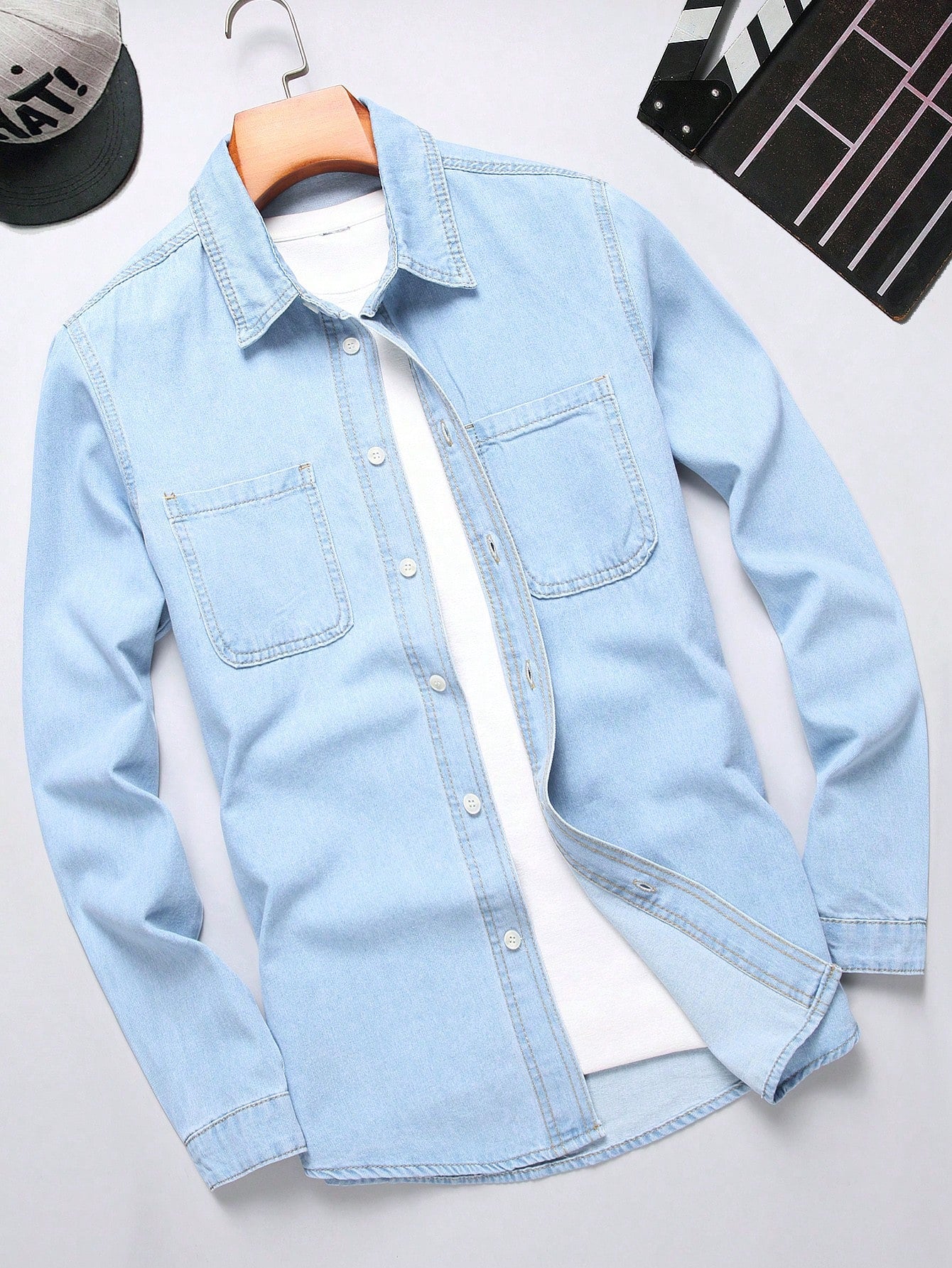 Men's Light Blue Washed Denim Shirt With Patch Pocket Detail