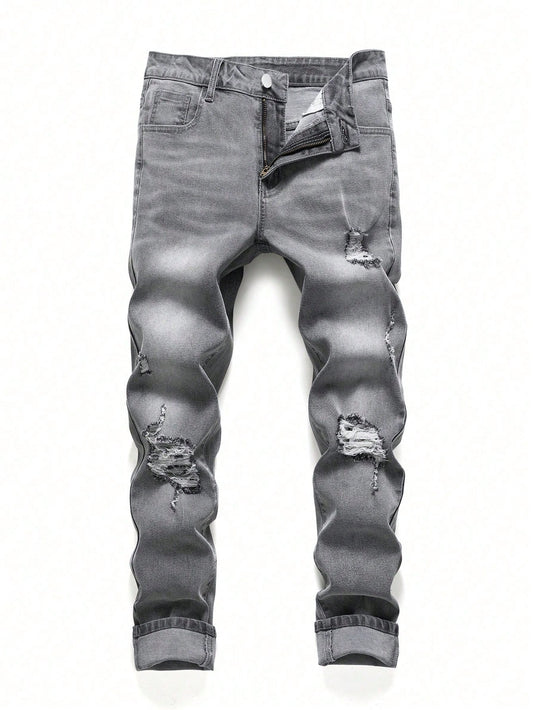 Men Cotton Bleach Wash Ripped Frayed Jeans