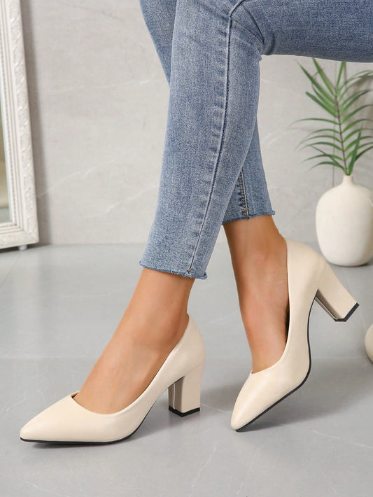 Women's Plus Size Beige High Heels, Fashionable Wedding Party Pumps With Chunky Heels, Closed Toe, Sexy, Suitable For All Seasons