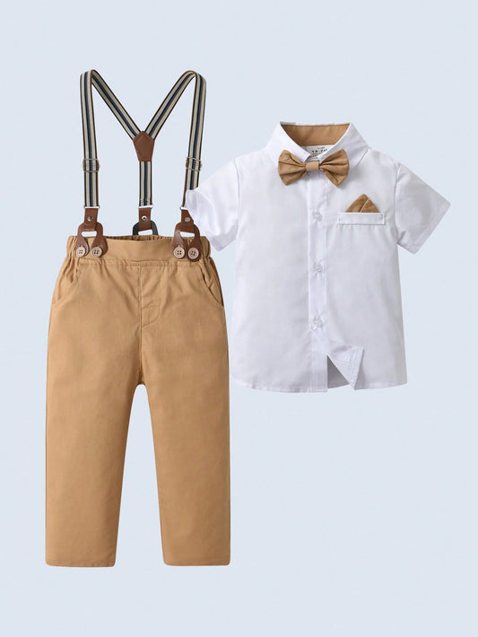 2pcs/Set Young Boy Gentleman Suit, Short Sleeve White Shirt With Bow Tie And Suspender Pants, Suitable For Birthday Party, Wedding, Performance And Banquet