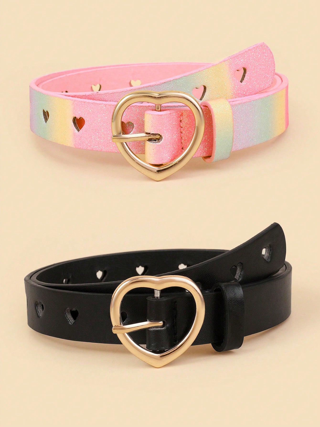 2pcs/Set Kids' Heart Buckle Hollow-Out Belt For Jeans And Dress Decoration, Made Of PU Material