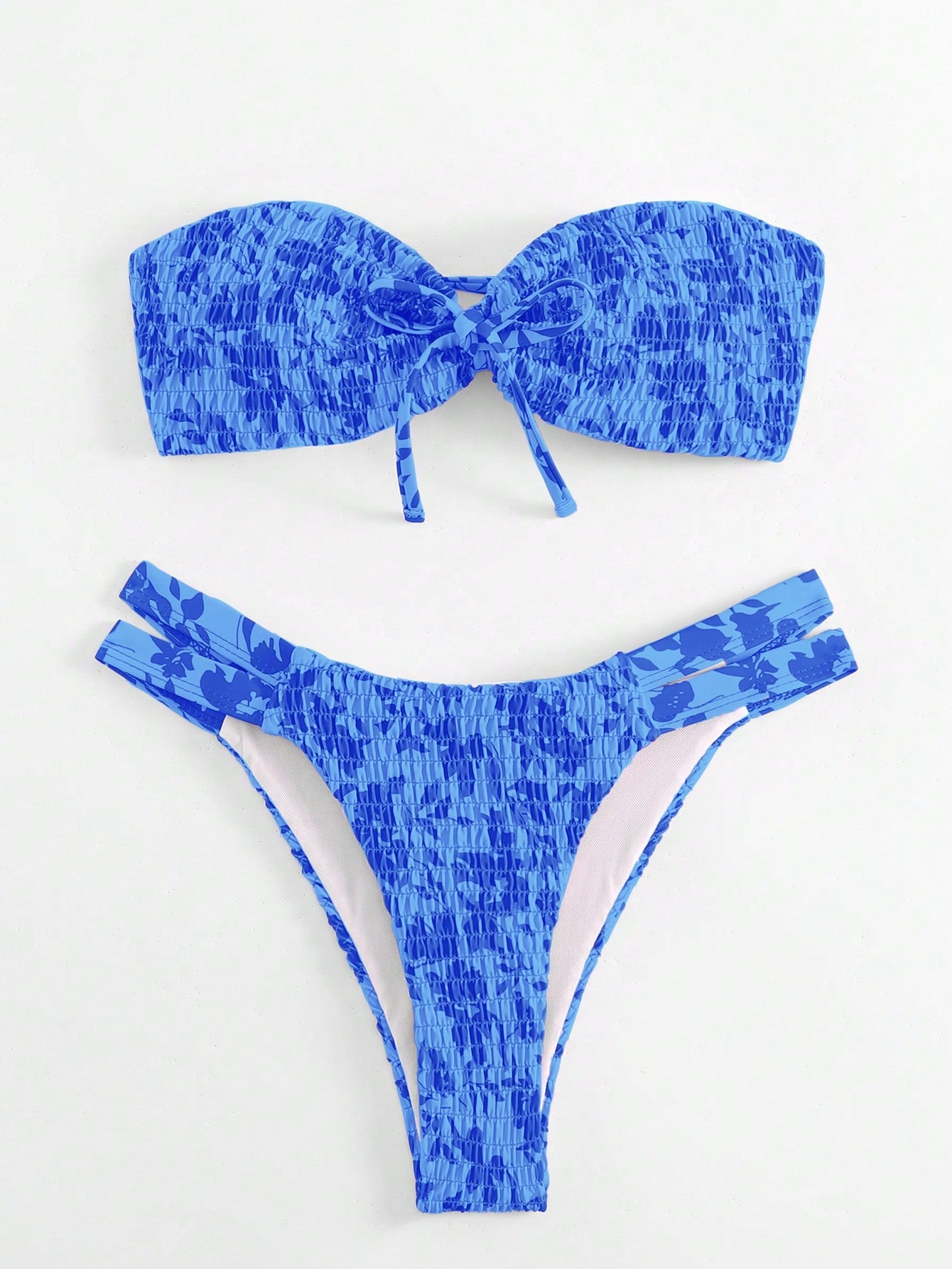 Swim Mod Summer Beach Floral Print Shirred Two-Piece Bikini Set