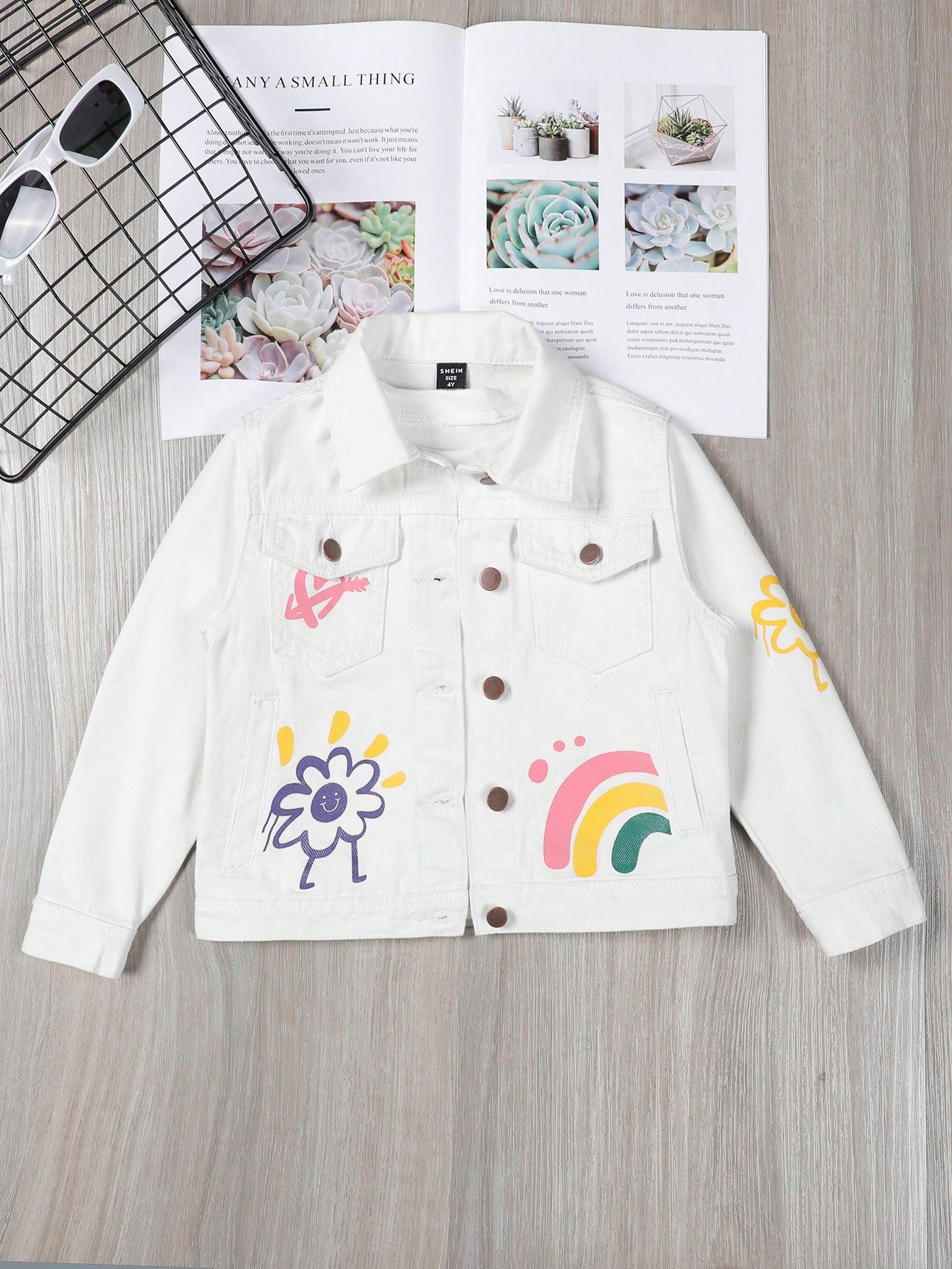 Young Girl Rainbow Printed Denim Jacket With Button-Front Closure And Long Sleeves