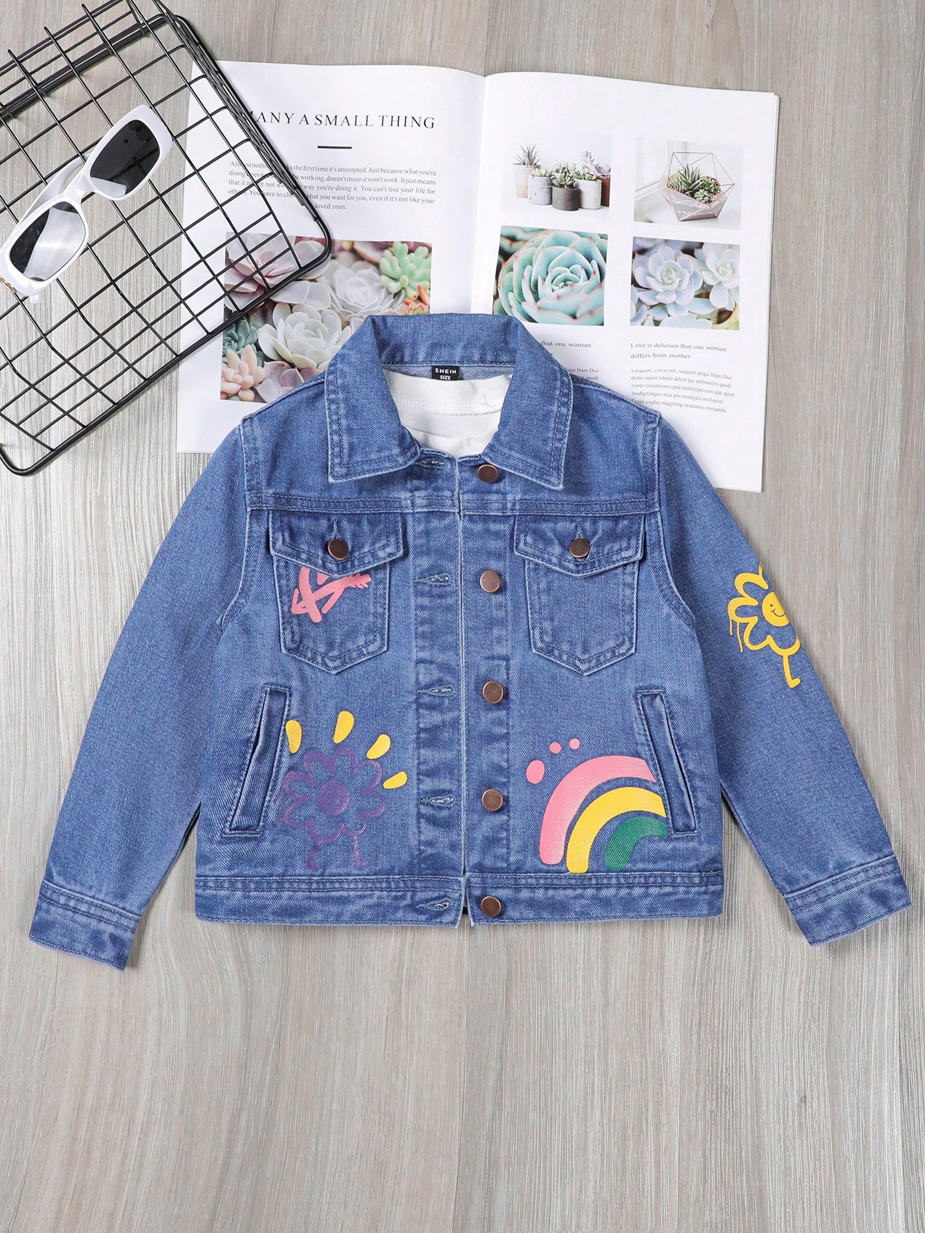 Young Girl Rainbow Printed Button-Up Denim Jacket With Long Sleeve