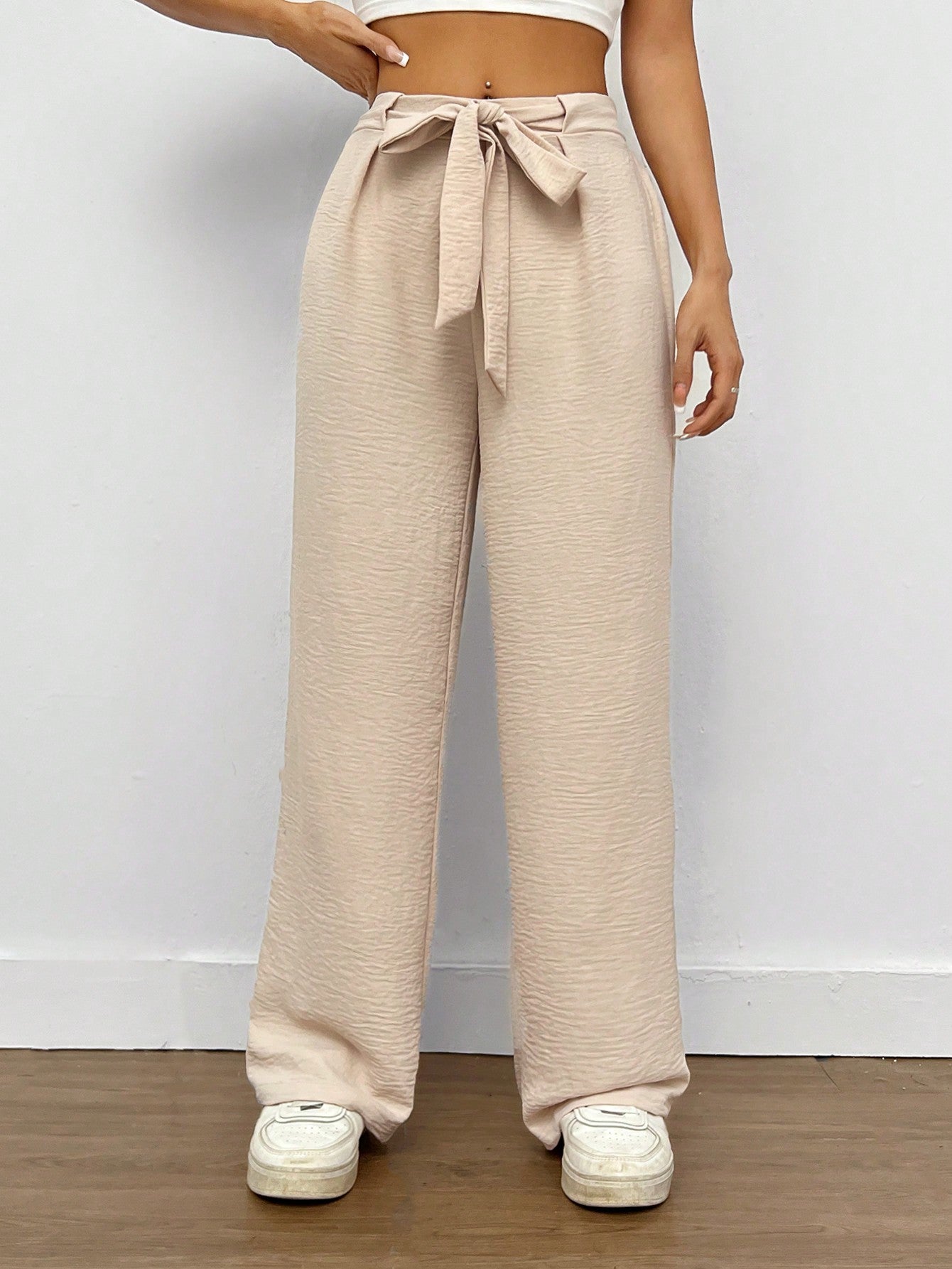 Solid Color High Waisted Belted Wide Leg Pants