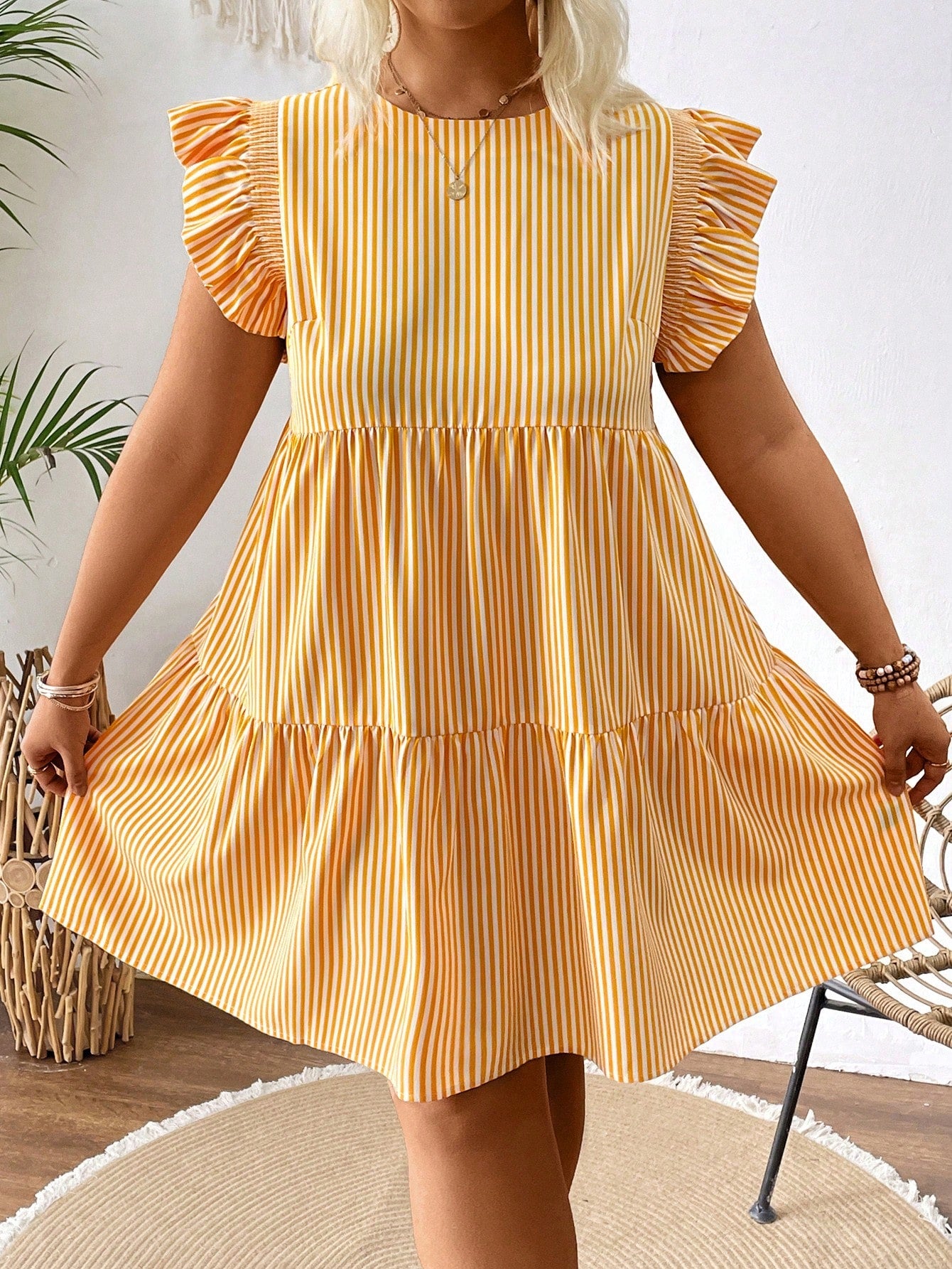 Plus Size-Size Holiday Round Neck Puff Sleeve A-Line Dress With Feather Print