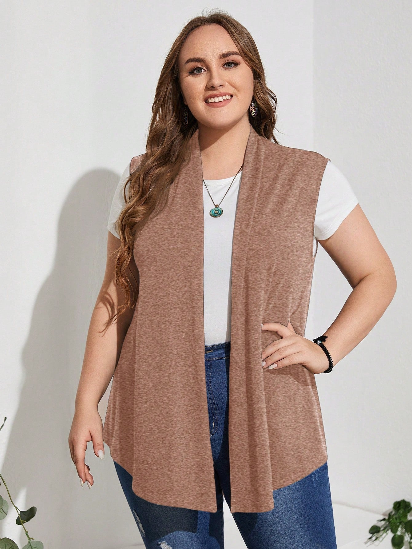 Plus Solid Open Front Vest Coat Without Tee