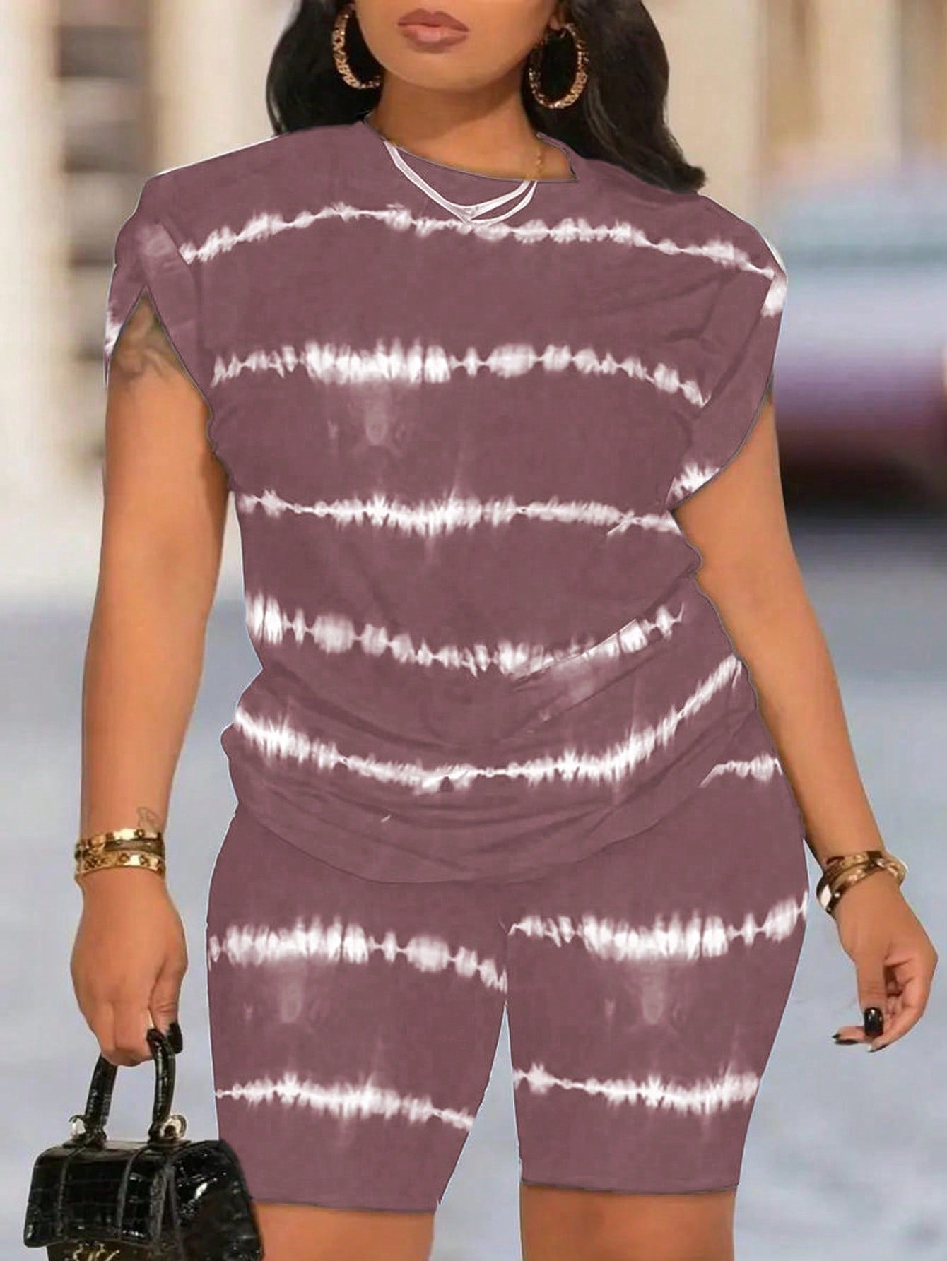 Plus Size Tie-Dye Top And Shorts Casual Two-Piece Set