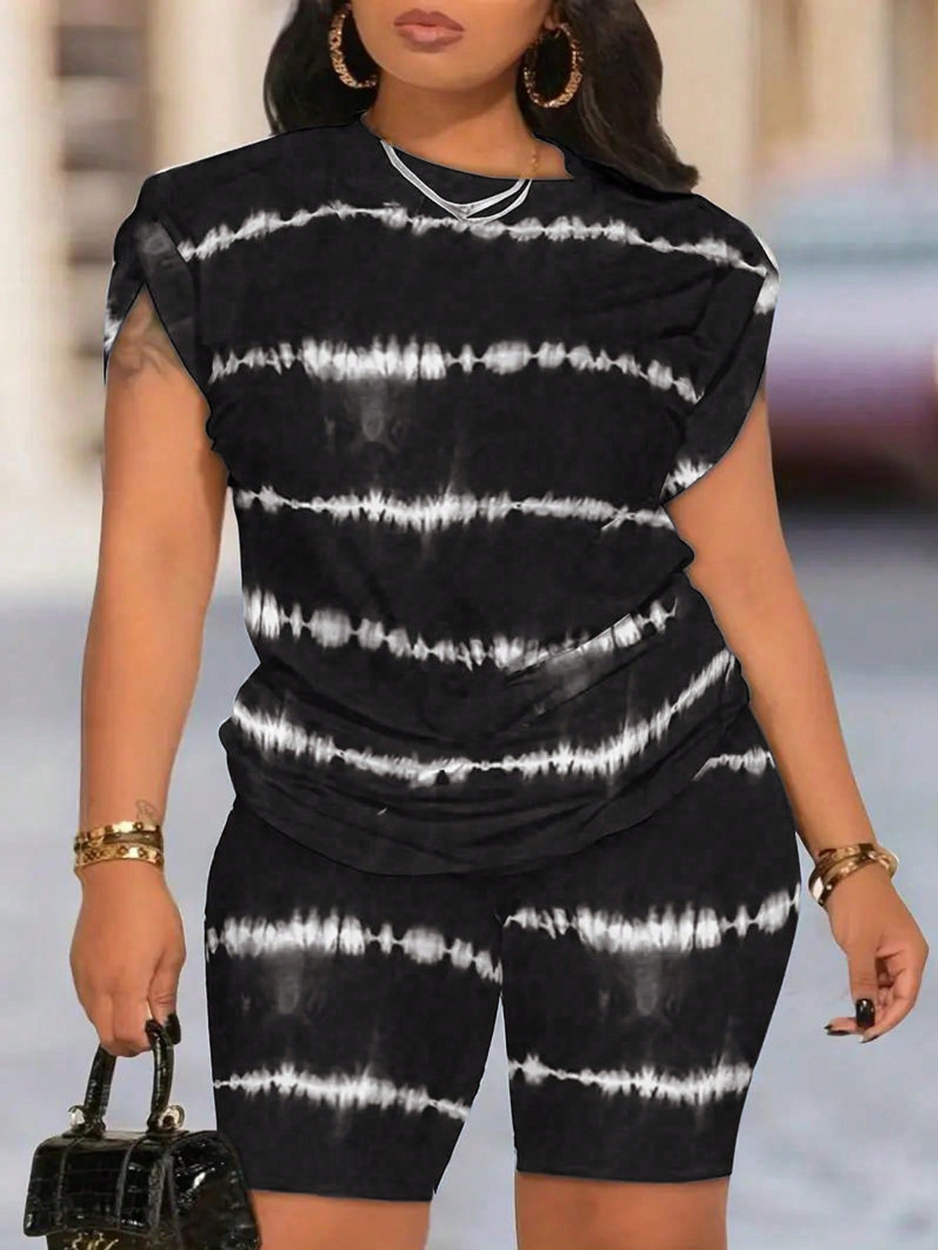 Plus Size Tie-Dye Top And Shorts Casual Two-Piece Set