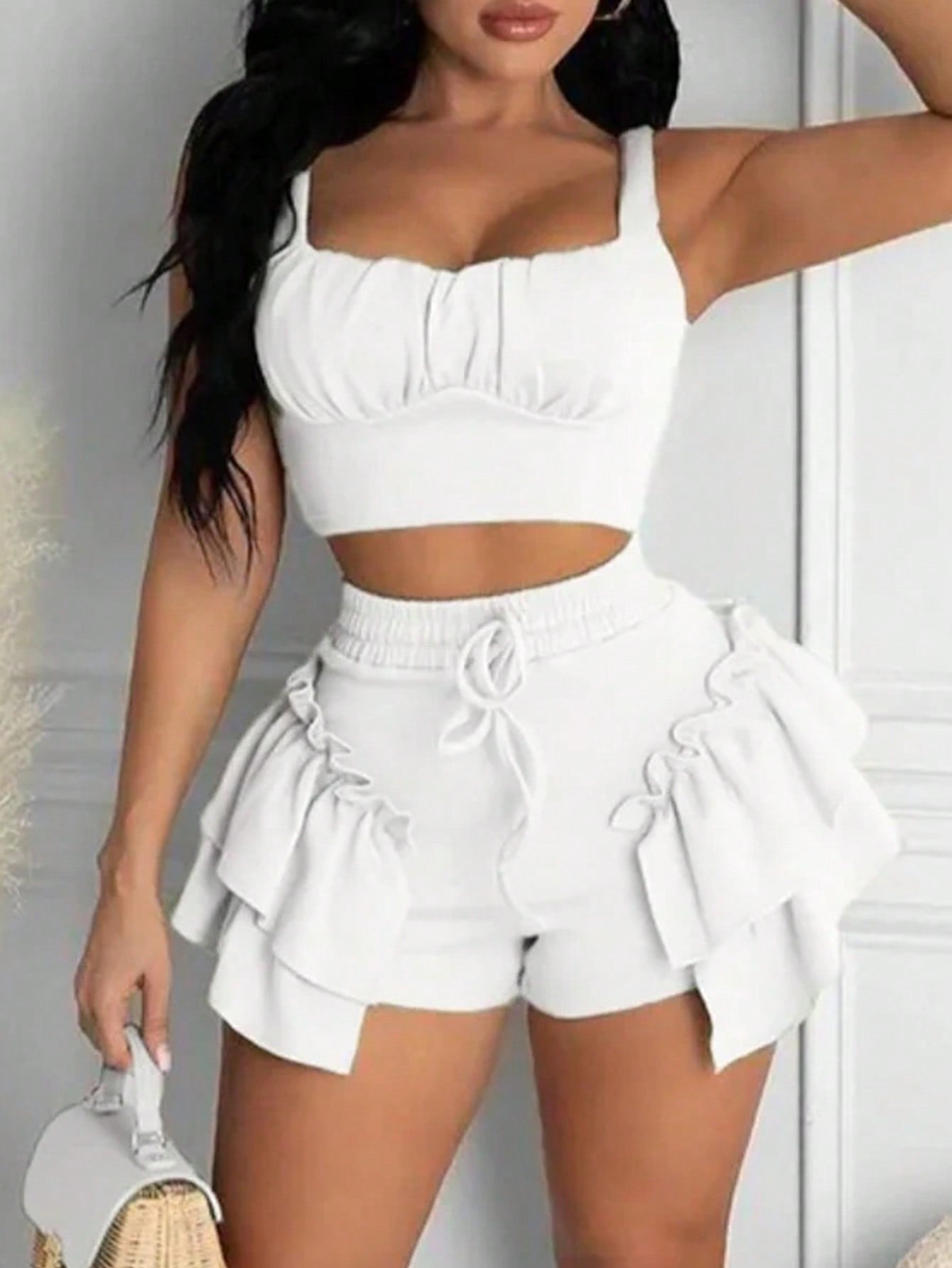 Vacation Yellow Summer Ruched Crop Tank Top And Frilled Hem High Waisted Shorts Set